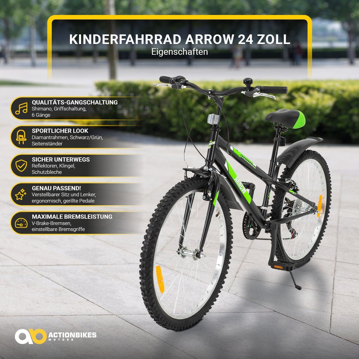 Actionbikes Motors Kinderfahrrad Arrow Fahhrad für Kinder Dirt Bike BMX, 6 Gang, Kettenschaltung, (Kinderfahrrad 24 Zoll, Fahrrad für Kinder, BMX, Fahrrad ab 8 Jahren, Kinder Fahrrad, Kinder Fahrrad mit verstellbarem Sitz, Fahrrad mit Ständer), höhenverstellbares Bike Jungen Mädchen Kinderrad ab 8 Jahre