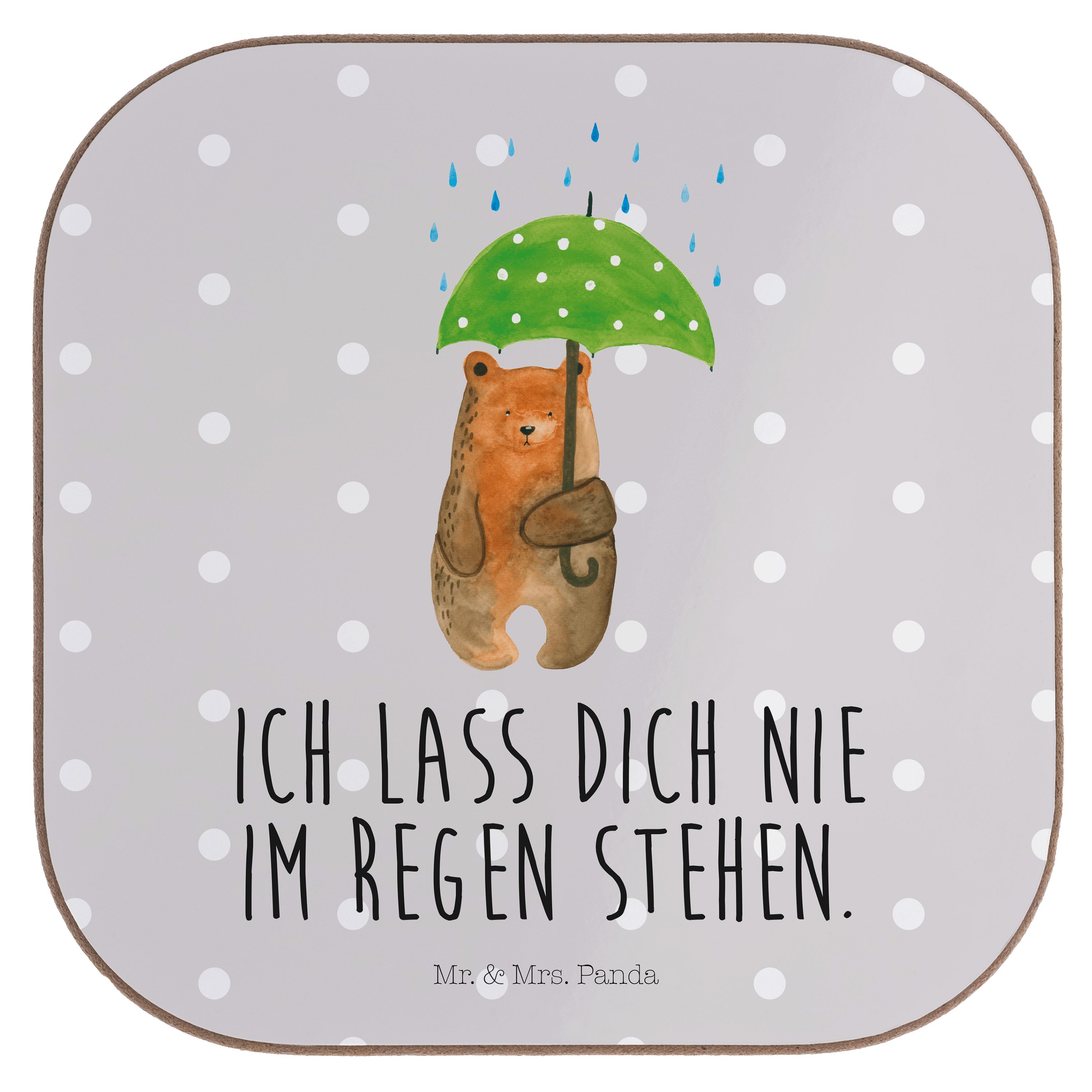 Mr. & Mrs. Panda Getränkeuntersetzer Bär mit Regenschirm - Grau Pastell - Geschenk, Liebe, Partner, Bierde, 1-tlg.
