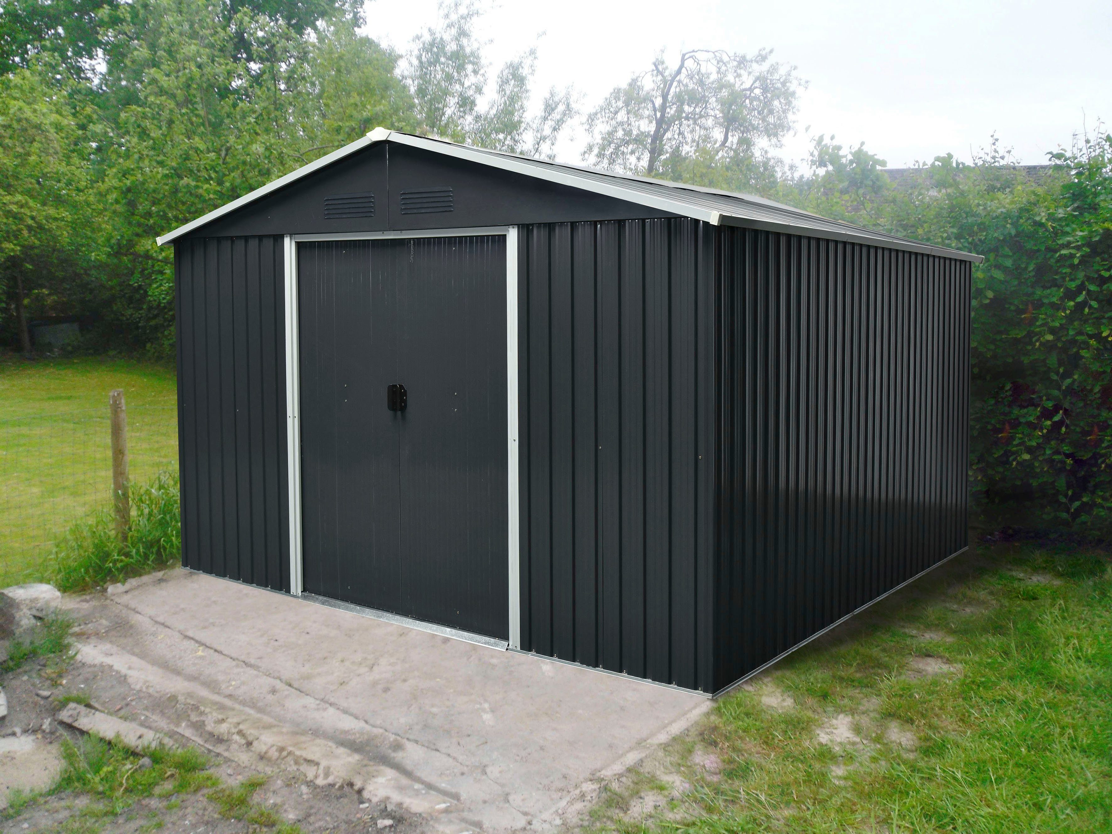 Pergart Gerätehaus Dresden II 1012, BxT: 291x355 cm, Metall, mit Satteldach und integrierter Schiebetür, schiefer/creme