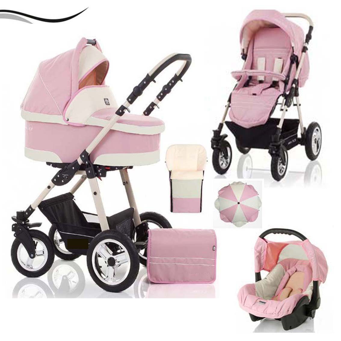 babies-on-wheels Kombi-Kinderwagen City Star 5 in 1 inkl. Autositz, Sonnenschirm und Fußsack - 18 Teile - von Geburt bis 4 Jahre in 16 Farben Rosa-Creme | Kombikinderwagen