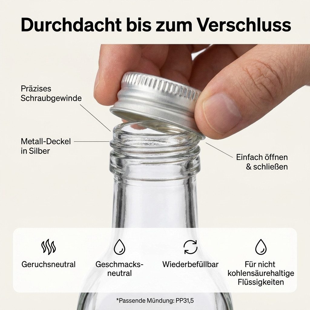 gouveo Trinkflasche Glasflaschen 250 ml Maraska mit Schraub-Deckel - Leere Likörflasche, Eckige Maraska-Form, Schraubverschluss PP 31,5, spülmaschinengeeignet