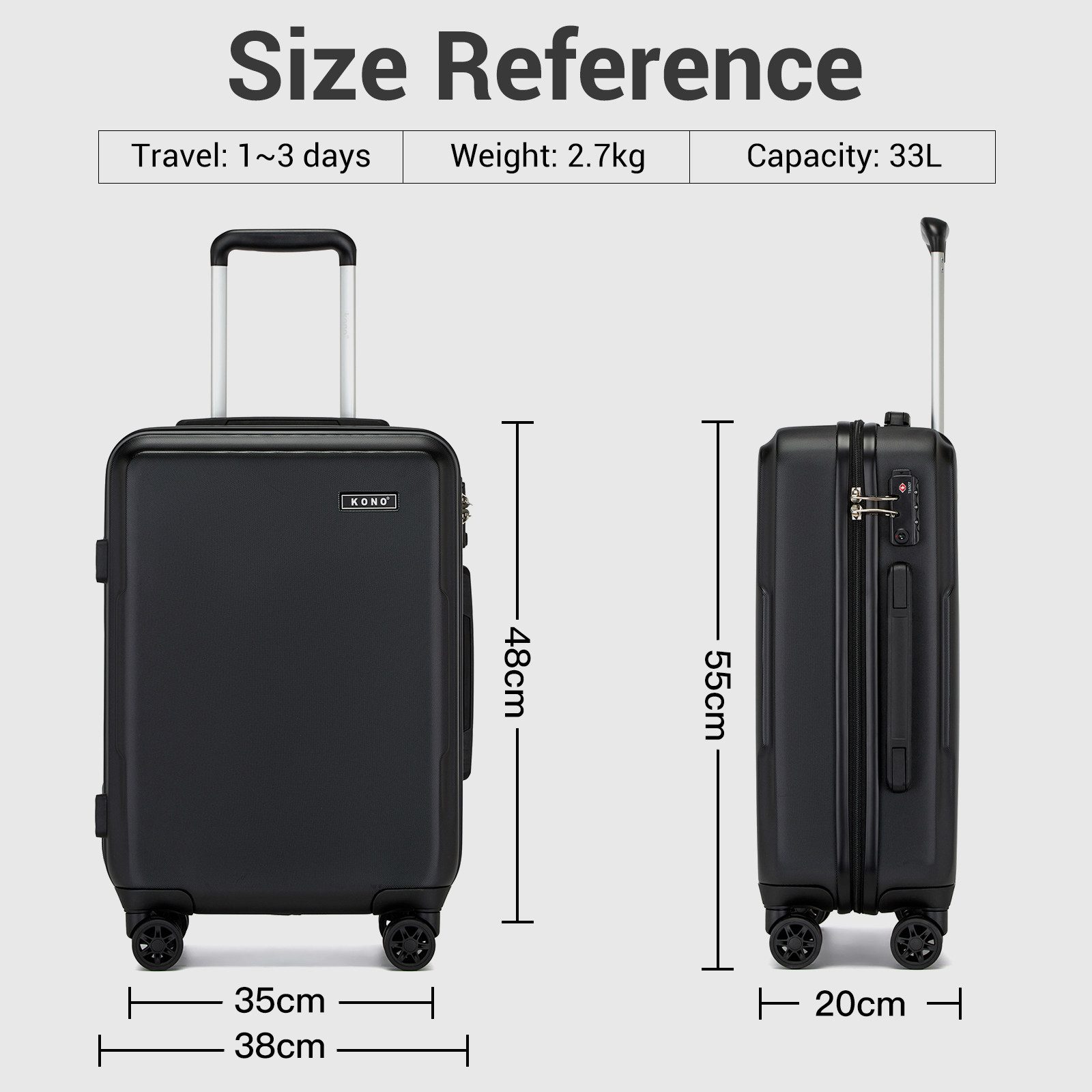KONO Handgepäck-Trolley Koffer, PC + ABS Hartschale, TSA-Schloss, Doppel-Spinnräder
