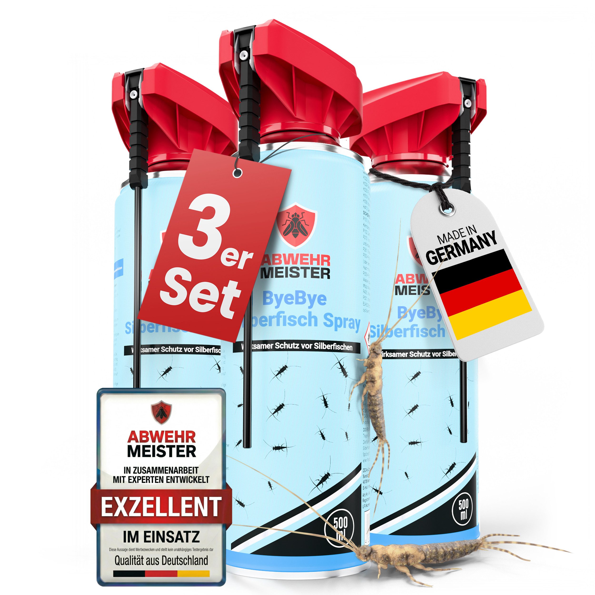 ABWEHR MEISTER Insektenspray ORGINAL ByeBye Silberfisch- Spray [500 ml], 3-St., Präzise Anwendung, dank integrierter Sprühlanze