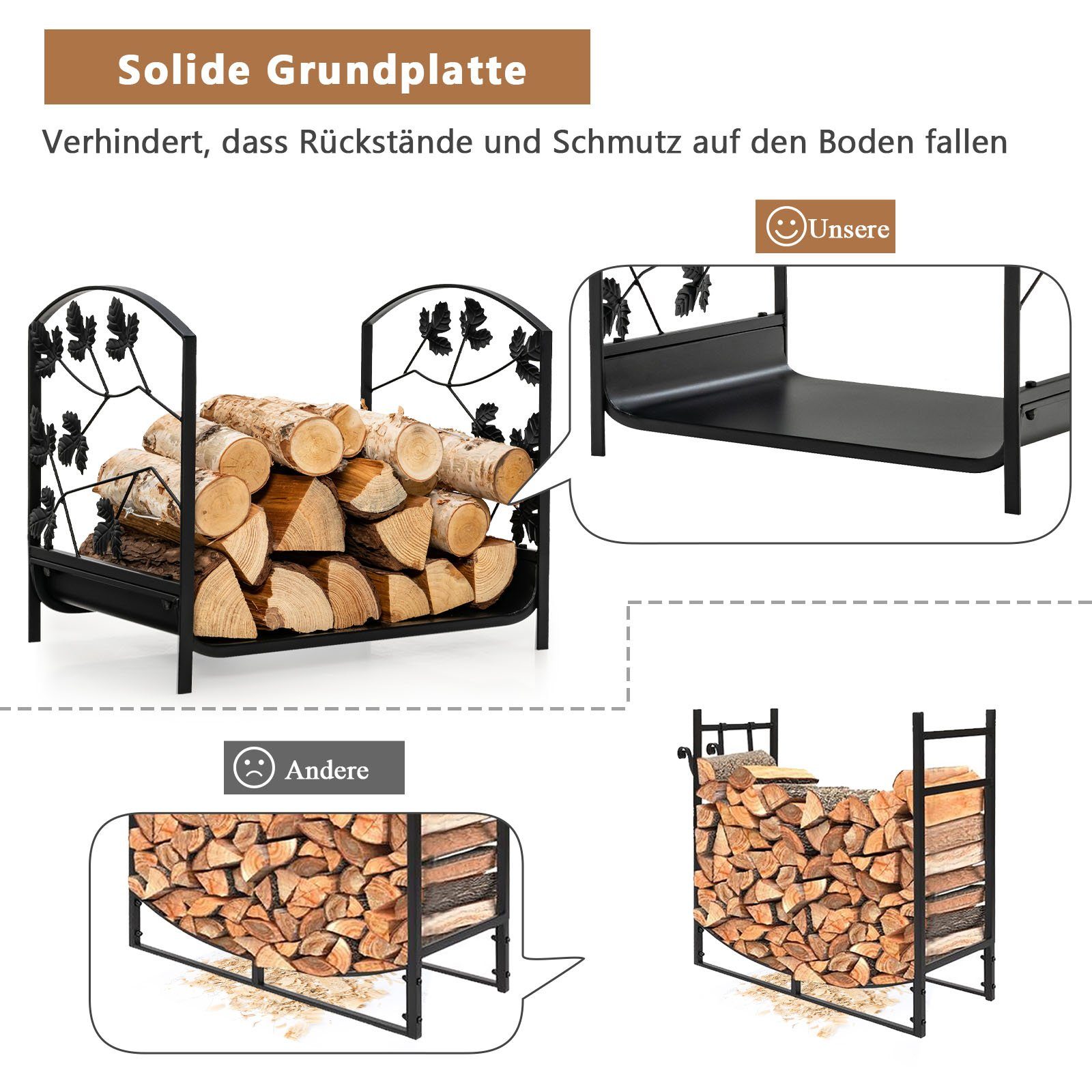 COSTWAY Kaminholzregal Metall, mit Sockel & Griffen, bis 150kg