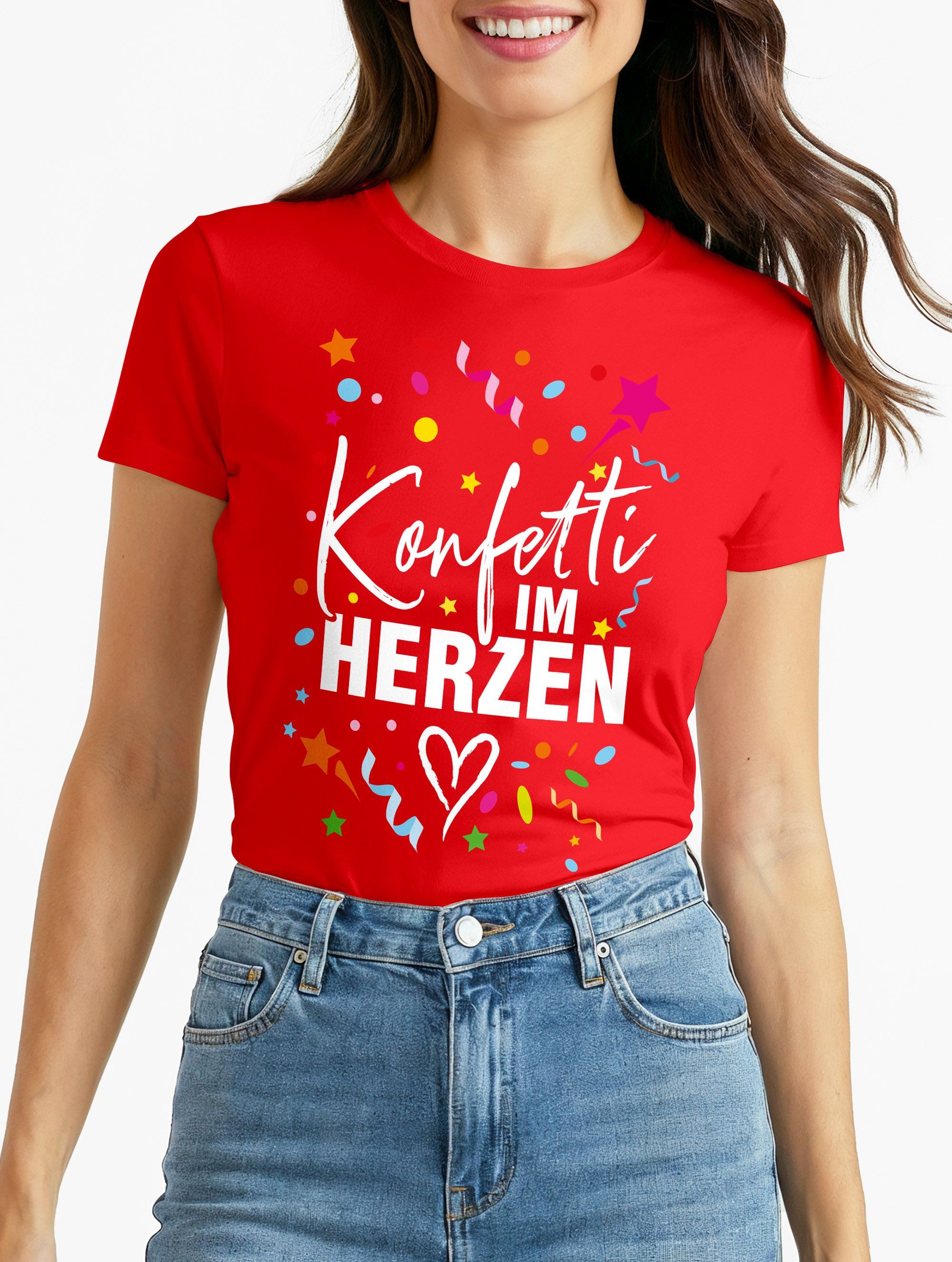 Print-Shirt Damen T-Shirt Fasching Karneval Konfetti im Herzen Kostüm-Ersatz