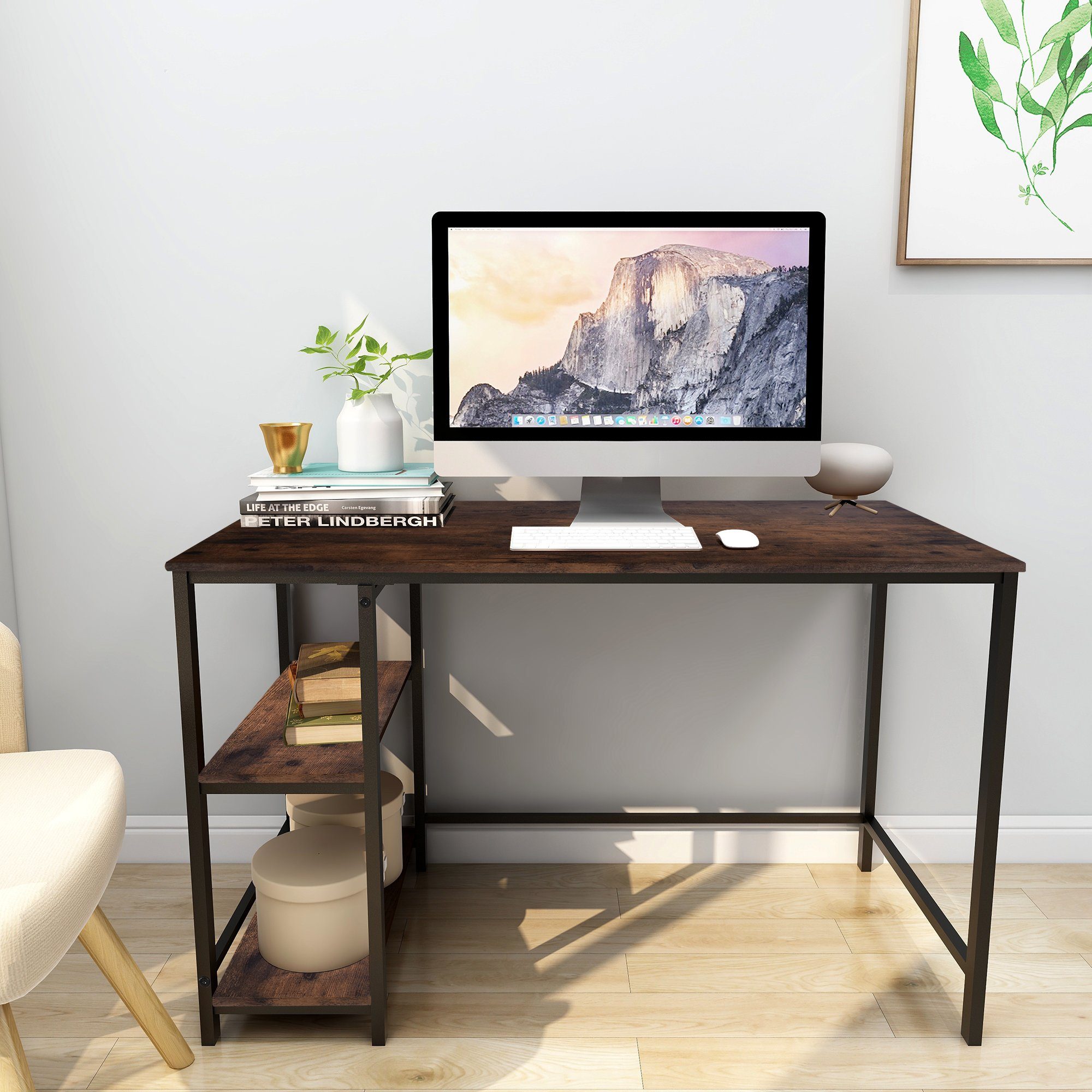 Tisch) mit Computertisch 2 JOIVI Bürotisch Ablagen, viereckiger Schreibtisch Braun (1 Schreibtisch,