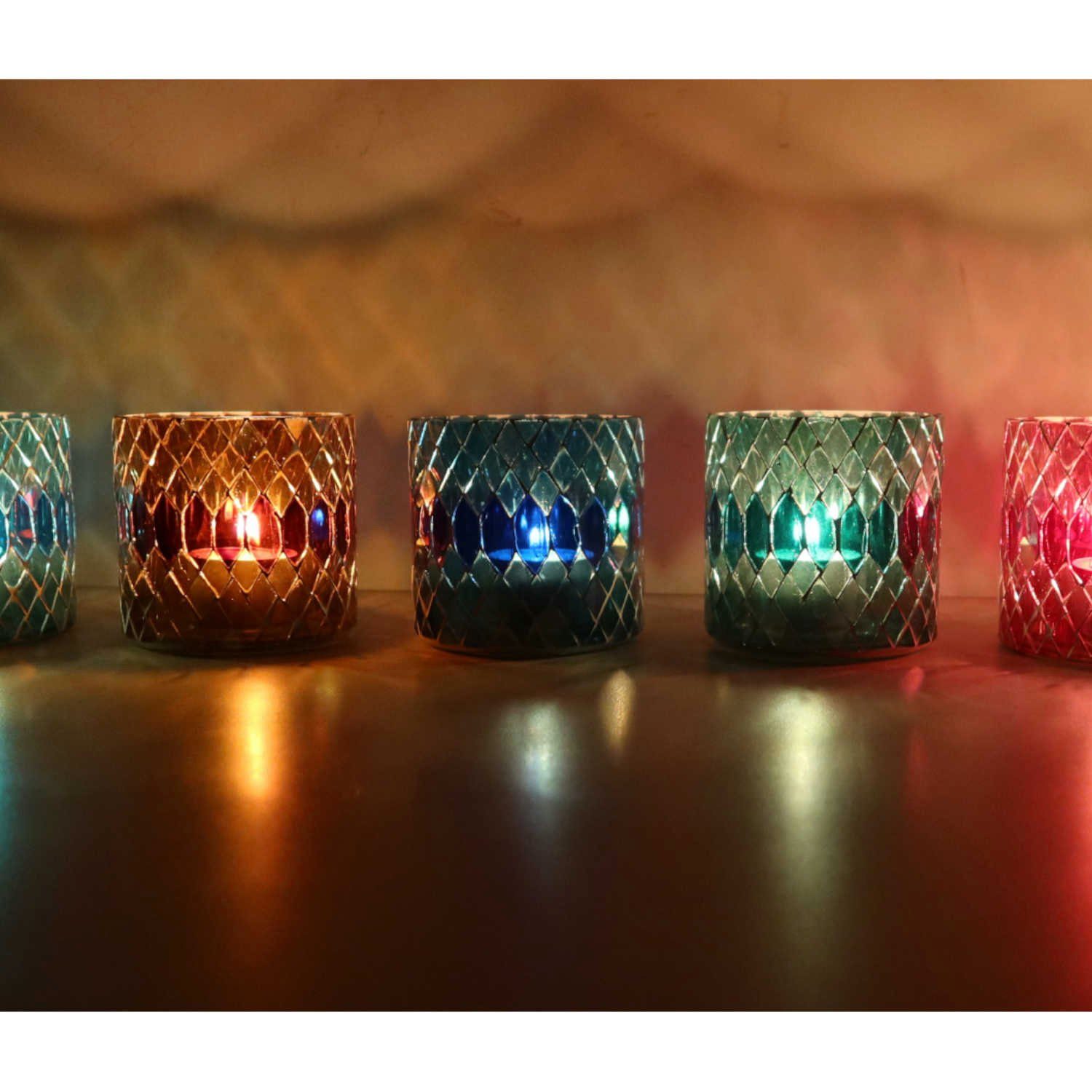 Glas-Windlicht 5 rund Weihnachten Ø Chic Mosaik Windlicht Farben (Boho Marokkanisches Rayan-S in Teelichthalter Glaswindlicht, 5er Kerzenständer orientalisch WZ170-S bunt Kerzenhalter), Set Moro 8cm Casa