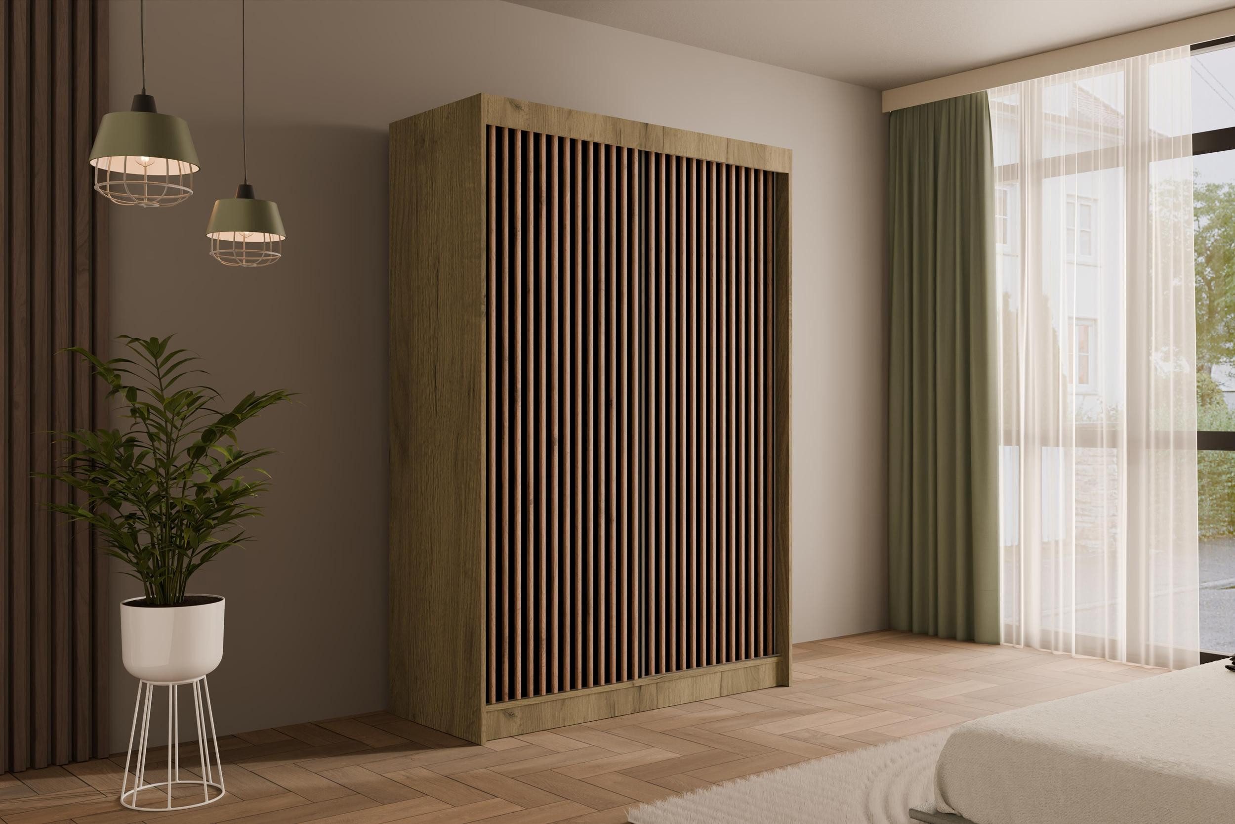 ALTDECOR Schiebetürenschrank VILANv2 (Kleiderschrank Garderobenschrank mit viel Stauraum Moderner Schrank) Vielseitiger Schwebetürenschrank Lamellen LED Beleuchtung