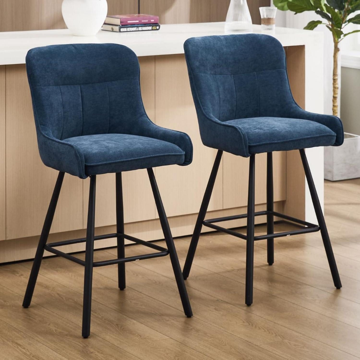 LuxusKollektion Barhocker Barhocker 2er Set Chenille ohne Armlehne Metallbeine Blau 1 Blau