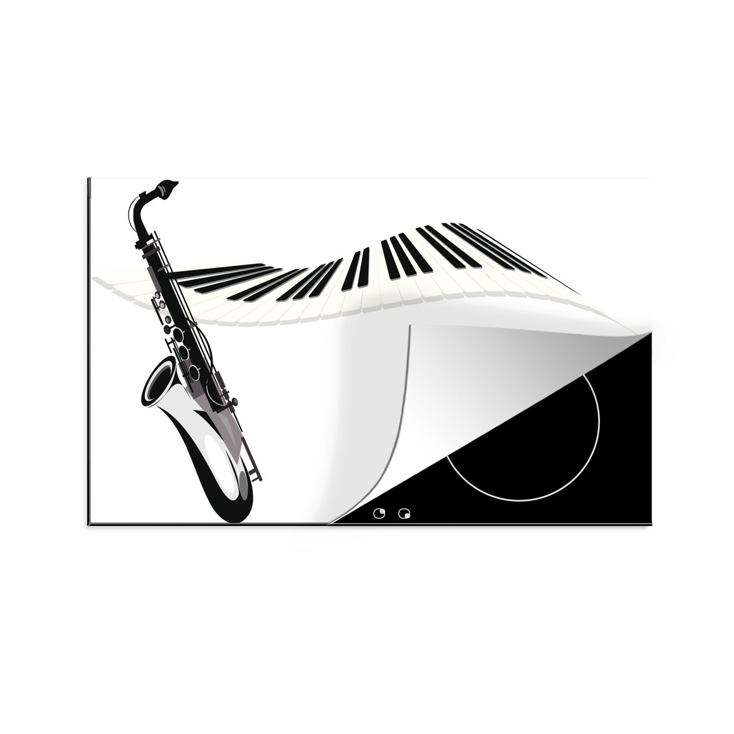 MuchoWow Herdblende-/Abdeckplatte Schwarz-Weiß-Abbildung eines Saxophons und eines Klaviers, Vinyl, (1 tlg), 83x51 cm, Ceranfeldabdeckung, Arbeitsplatte für küche