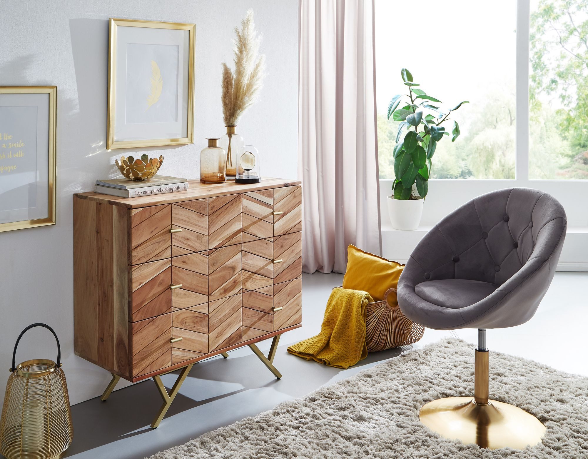 Wohnling Sideboard WL6.161 90x86,5x40cm Massivholz / Metall Anrichte Schubladen Kommode (5x40 cm Akazie Massivholz / Metall Anrichte, 90x86), Hoher Kommodenschrank, Kommode 3 Schubladen