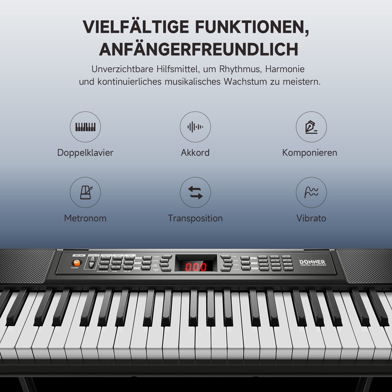 Donner Home-Keyboard DEK-100 Elektronisches Keyboard mit 61 Tasten, Mikrofon, 128 Rhythmen (Set, Digitales Klavier, Mikrofon, Netzteil)