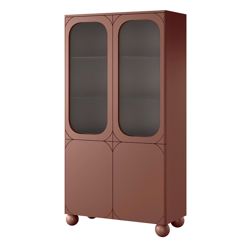Lomadox Vitrine SPLIT-141 burgunder rot matt 100 cm Kugelfüße grifflos Ornamentglas