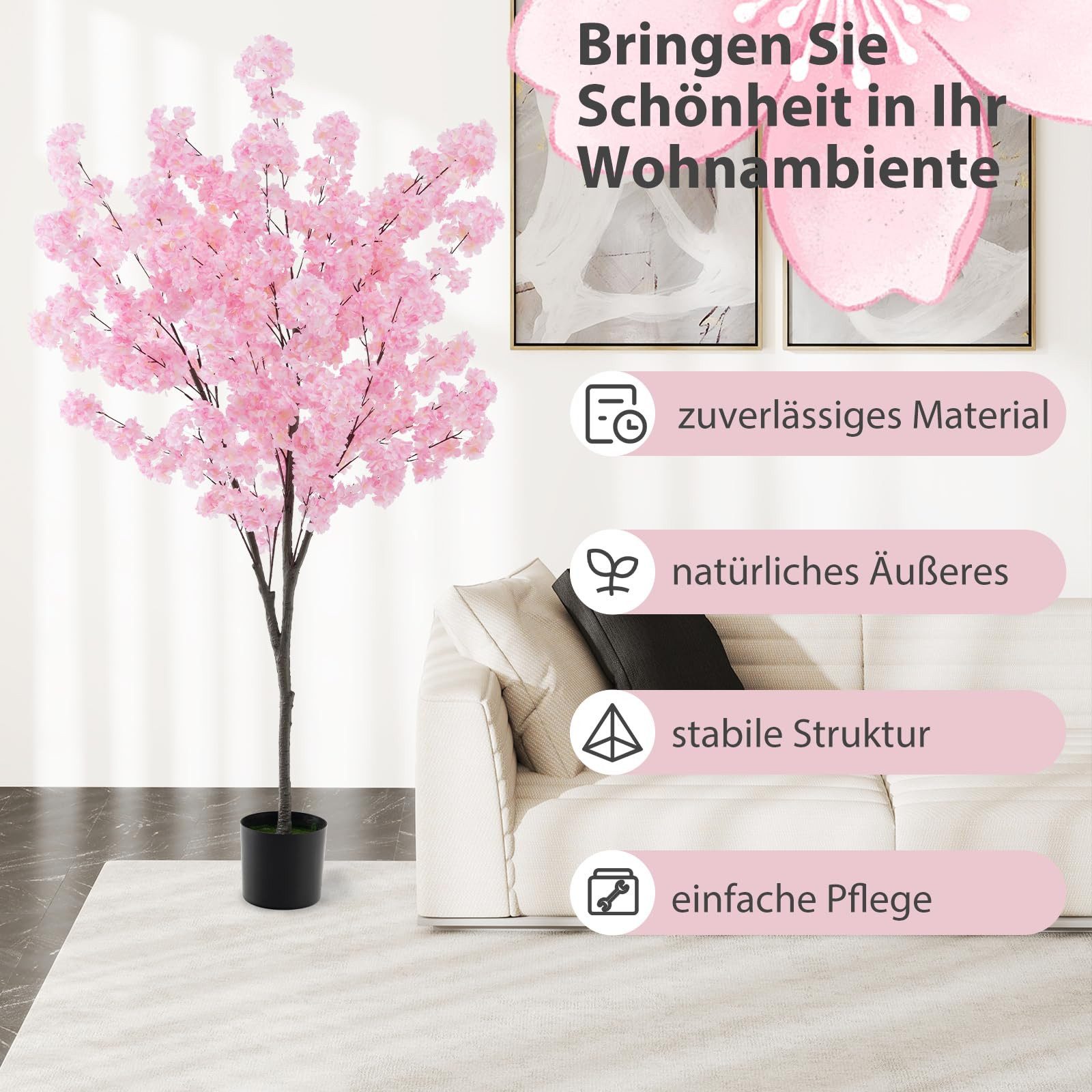 Kunstbaum Kirschbaum, COSTWAY, Höhe 190 cm, mit Blüten in Rosa, im Topf