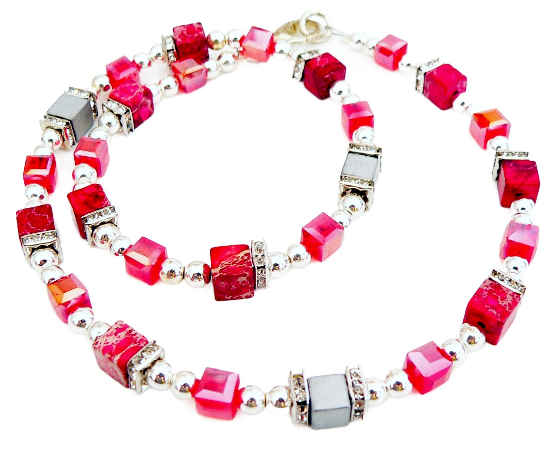 traumschmuck Collier 560a Collier Halskette Würfel Jaspis Kristallglas Hämatit Straß (Valentinstag, Muttertag, Geburtstag), handgefertigt, Made in Germany