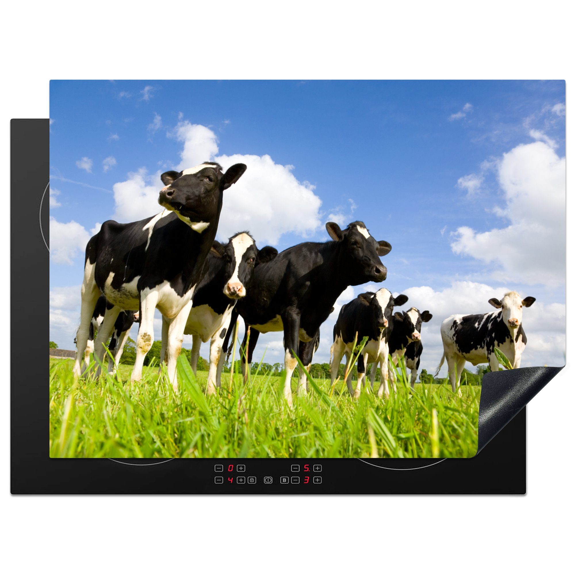 MuchoWow Herdblende-/Abdeckplatte Kuh - Gras - Wolken, Vinyl, (1 tlg), 70x52 cm, Mobile Arbeitsfläche nutzbar, Ceranfeldabdeckung