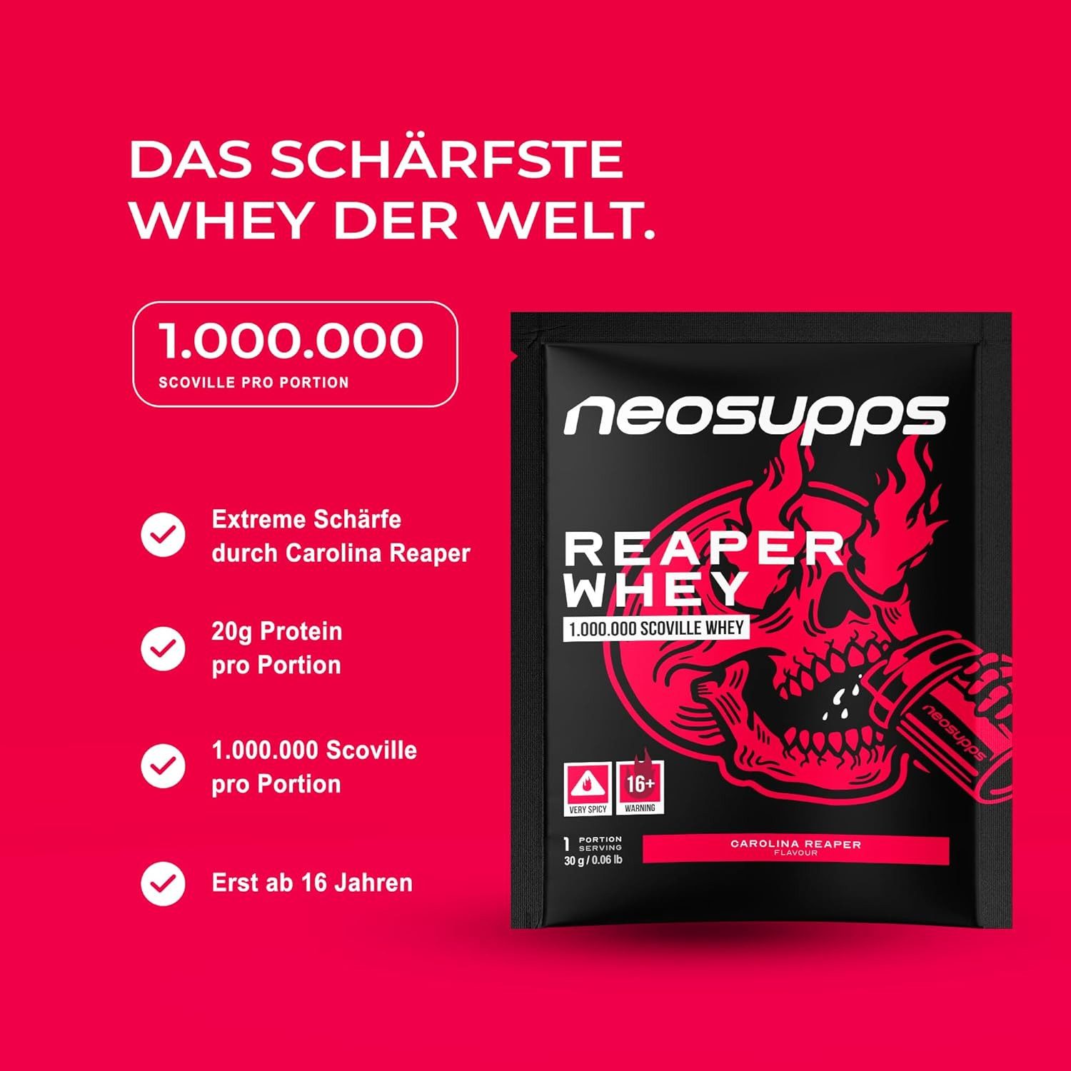 Neosupps Reaper Whey Box, Set mit Shaker, Shots & Protein Shake Challenge Pulver, 1.000.000 SCOVILLE Carolina Reaper Whey, Extrem scharfes Eiweiß Pulver