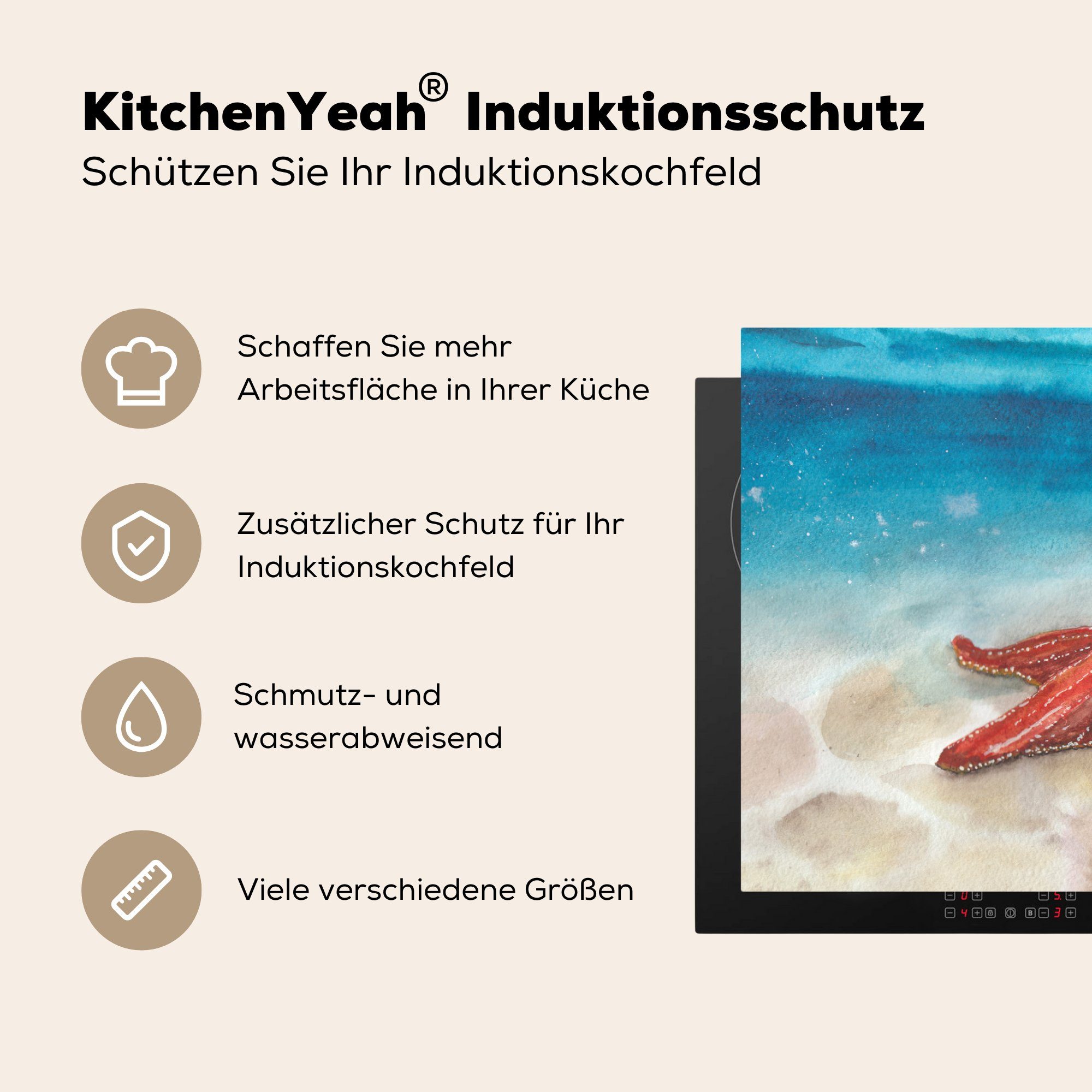 Schutz (1 tlg), Induktionskochfeld küche, Aquarell Herdblende-/Abdeckplatte Ceranfeldabdeckung Seestern, die für - MuchoWow - Vinyl, 81x52 Meer cm,