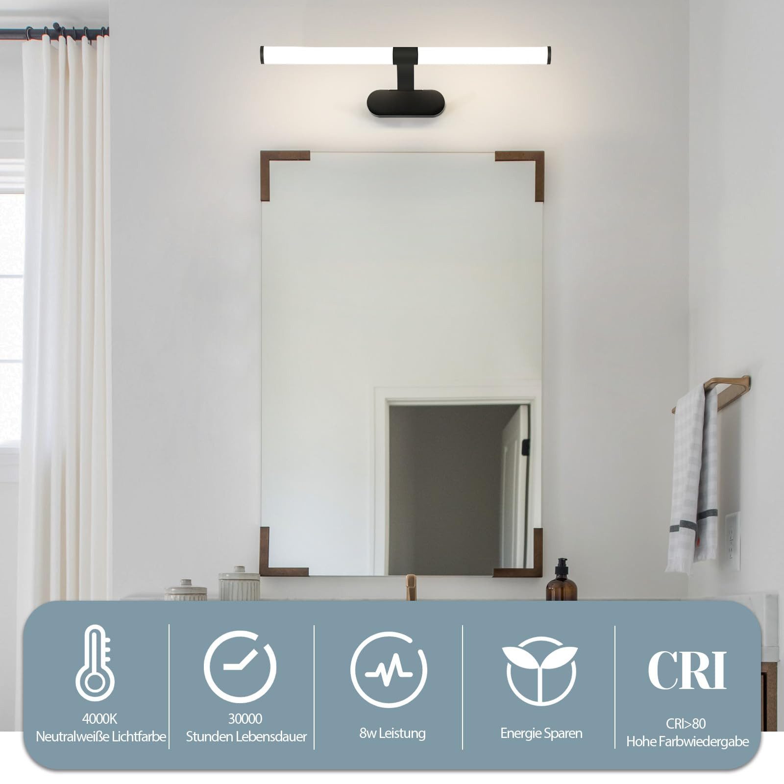 Nettlife LED Spiegelleuchte Zimmer 4000K Spiegellampe Schwarz/Weiß, LED fest integriert, Neutralweiß, Geeignet für