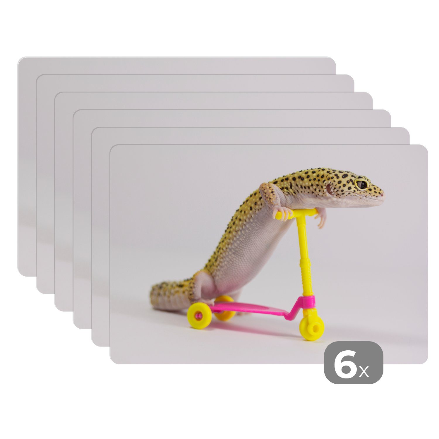Platzset, Gecko auf einem Motorroller, MuchoWow, (6-St), Platzset, Platzdecken, Platzmatte, Tischmatten, Schmutzabweisend
