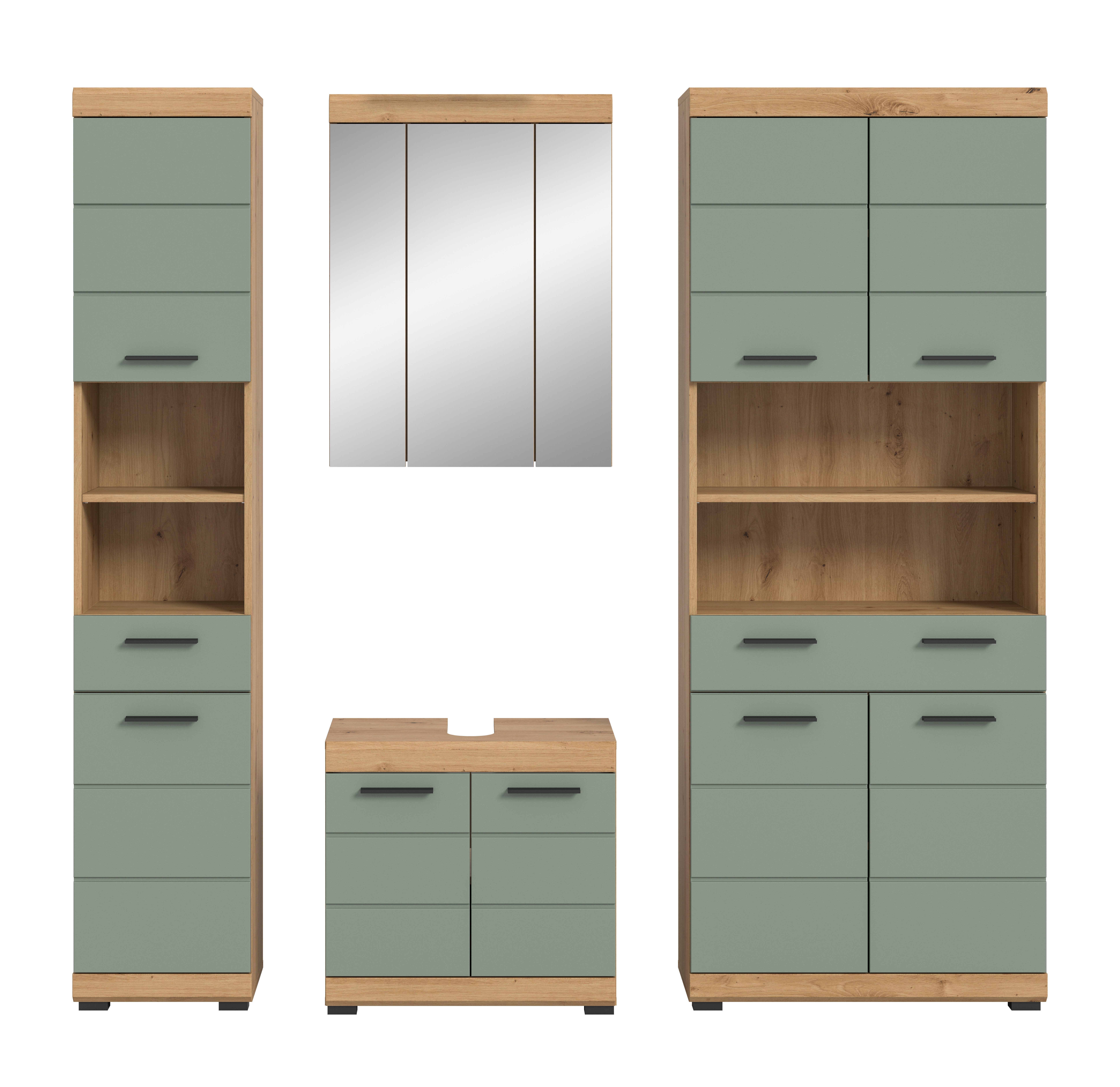 welltime Badmöbel-Set Siena, 4 teilig, bestehend aus:, (Set, 4-St., TOPSELLER), Hochschrank schmal, WBU, Spiegelschrank, Hochschrank breit