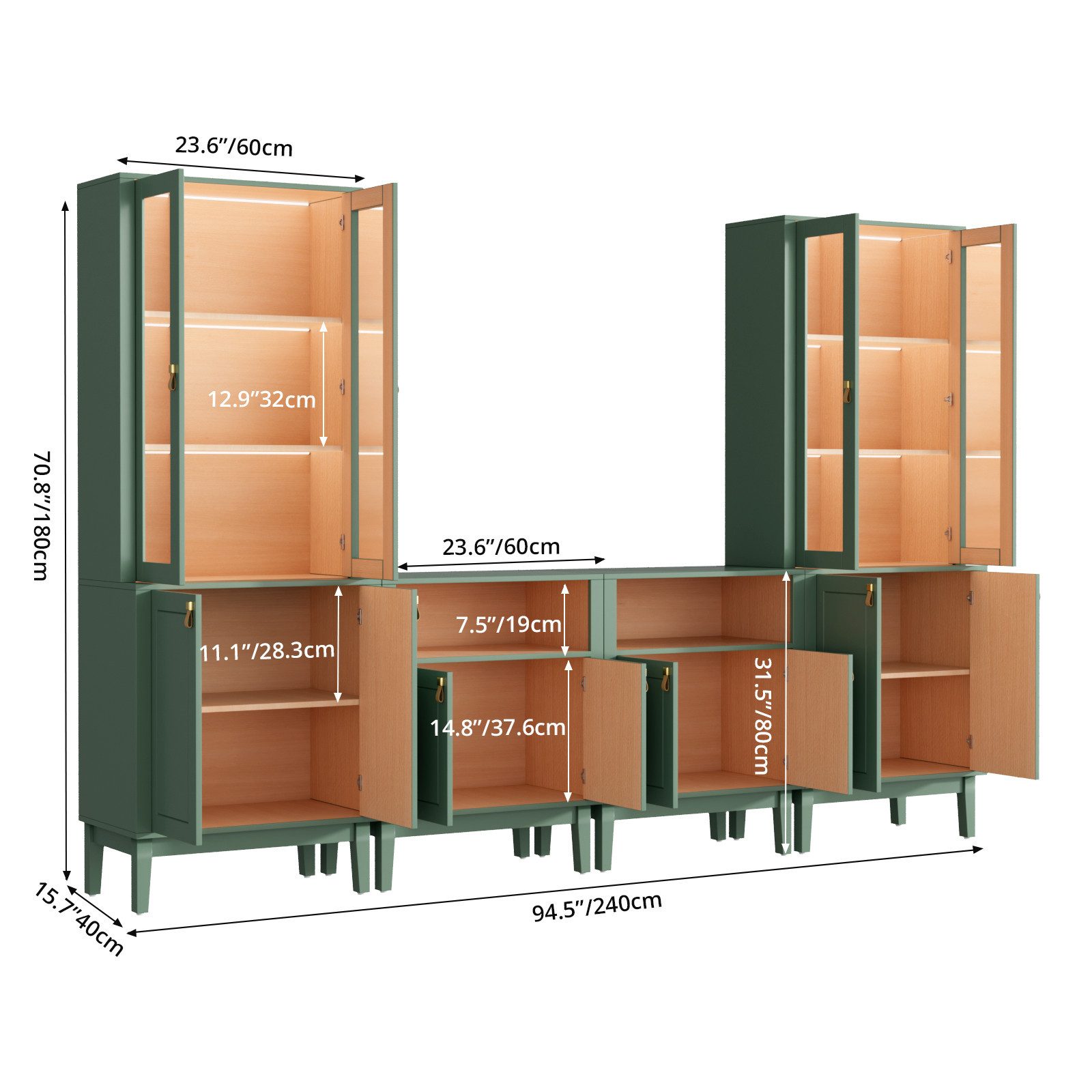 VOWNER TV-Board Set mit Glastüren, LED Fernsehschrank multifunktional (4 St), 4PSC Version: 180cm für TV bis 50 Zoll, Maße 240 x 180 x 40 cm