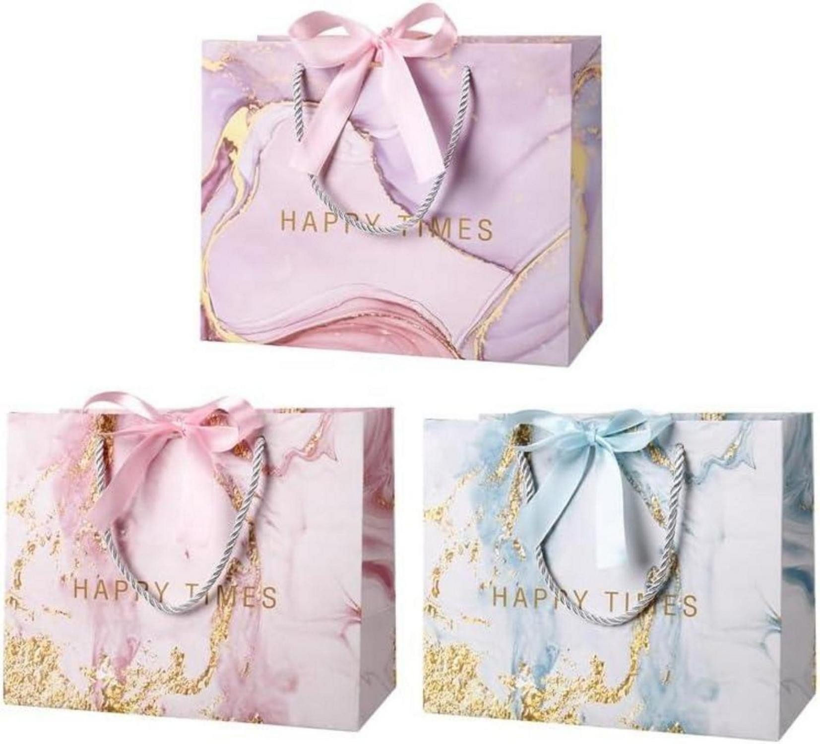 Geschenkpapier Geschenktüten 3er Set Marmormuster 25x20x12cm Schleifenband Papiertüte