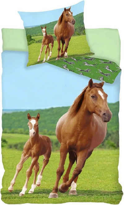 Kinderbettwäsche Bettwäsche Set mit Pferd mit Fohlen 2 tlg. 135x200 cm (80x80 cm), BrandMac