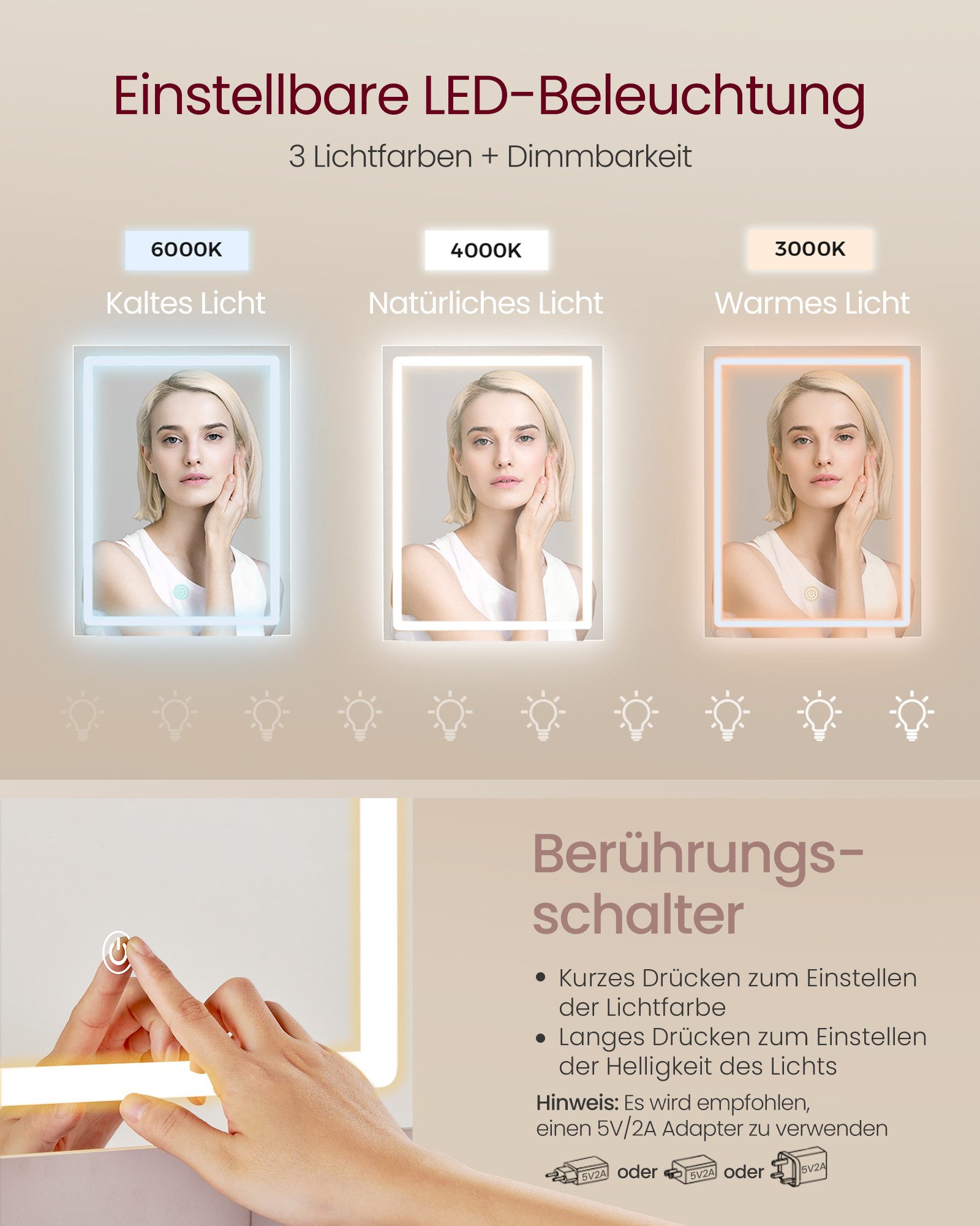 VASAGLE Schminktisch Frisiertisch mit Spiegel, Kosmetiktisch mit Schubladen (1 Tisch), 40 x 105 x 145 cm, mit LED-Beleuchtung, mit verstellbaren Ablagen – Bild 5 von 5