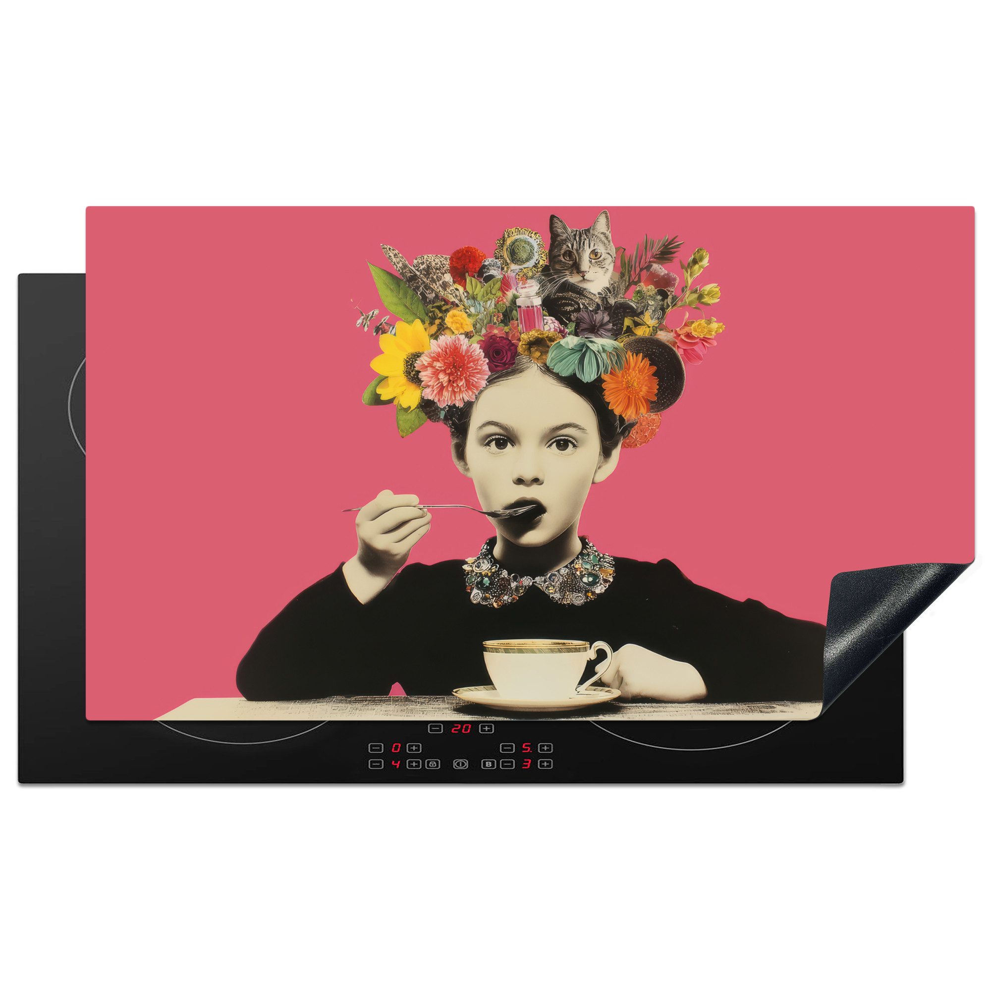 MuchoWow Herd-Abdeckplatte Mädchen - Tasse - Blumen - Rosa, Vinyl, (1 tlg), Herdabdeckplatten für Ceranfeld, Induktionsschutz, 90x52 cm