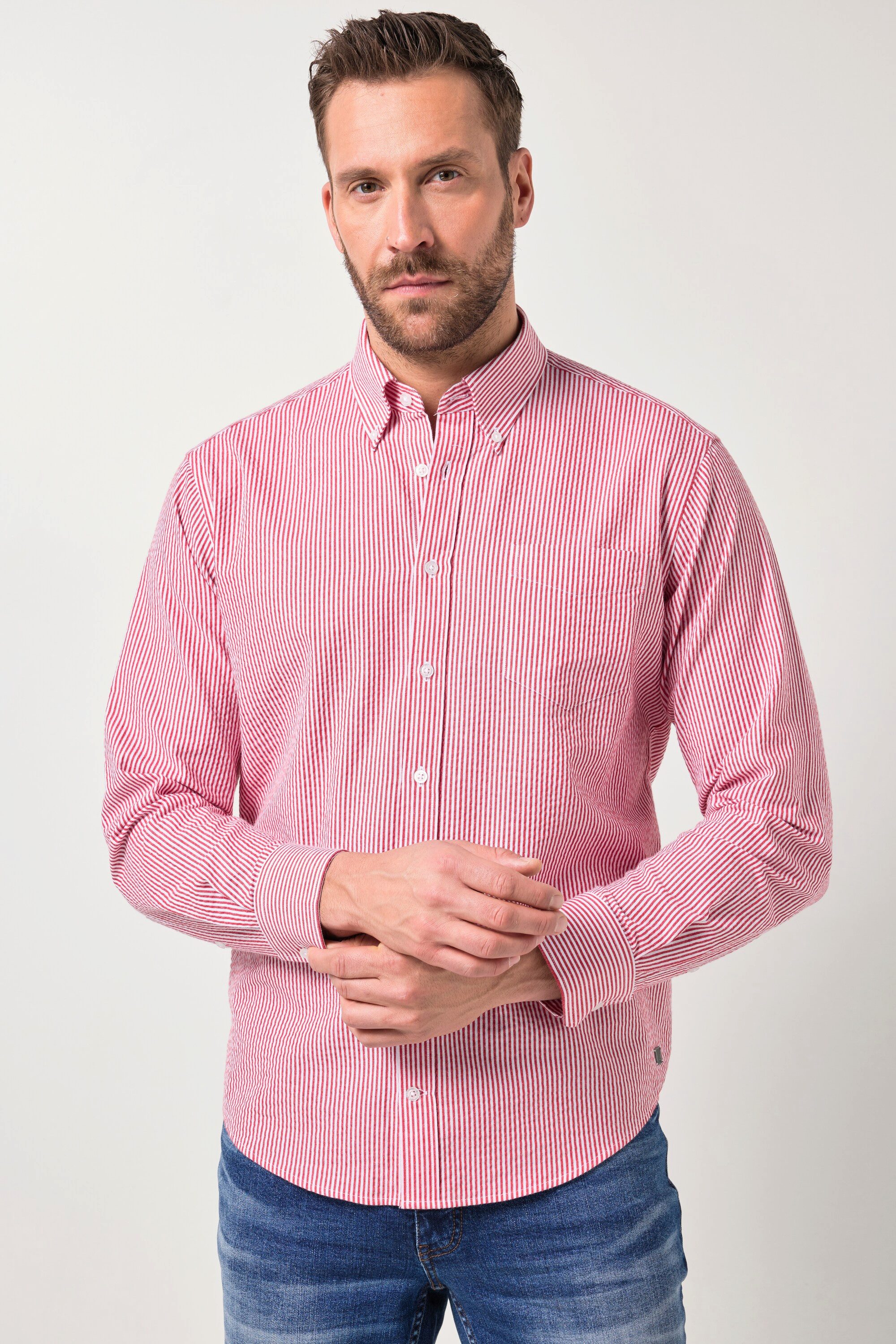 JP1880 Businesshemd Seersucker-Streifenhemd Langarm Buttondown-Kragen