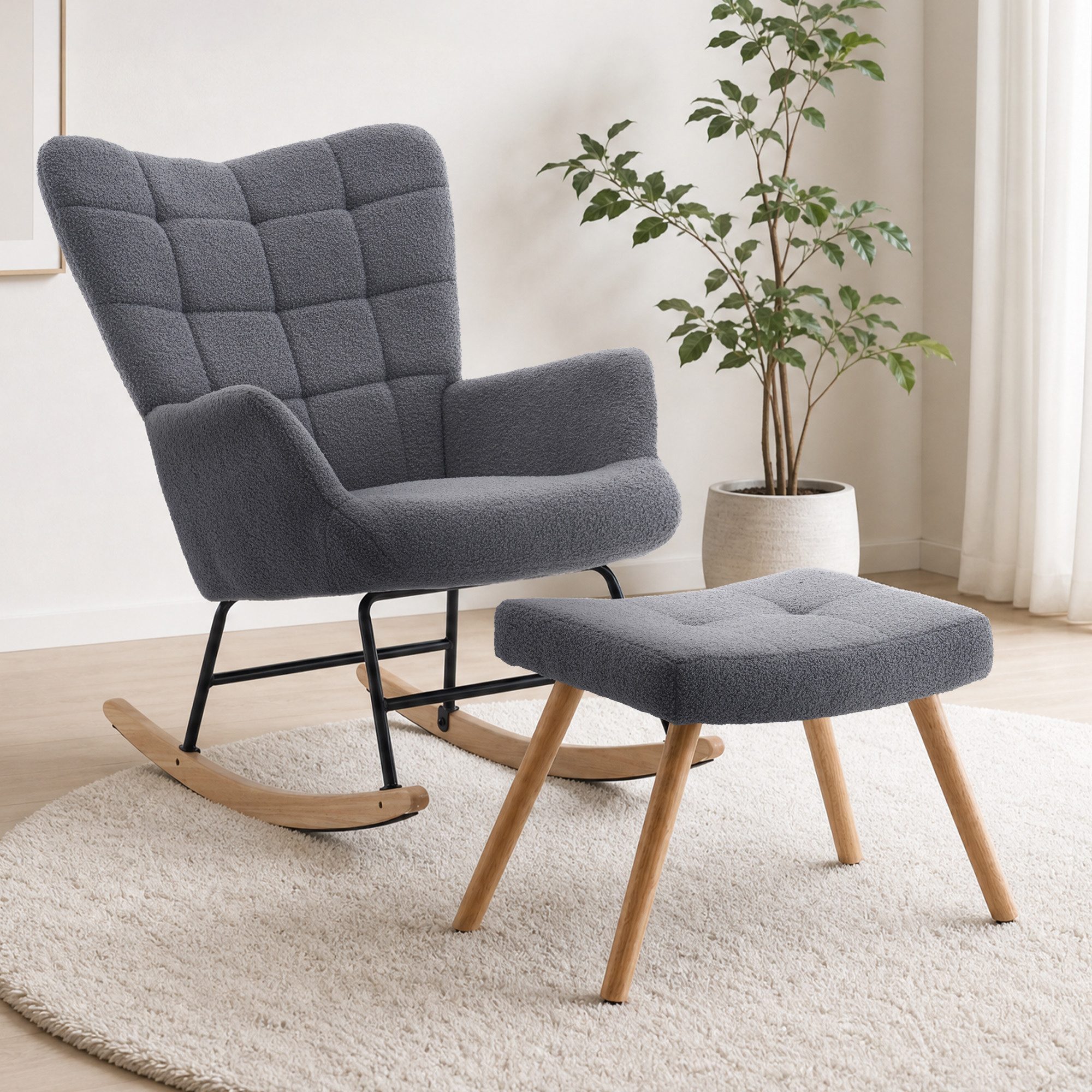 STILVORA Schaukelstuhl Schaukelsessel wohnzimmer Relaxsessel mit Fußstütze,grau (Sherpa-Fleece & hoher Rückenlehne), für Wohnzimmer, Schlafzimmer, Leseecke und Ruhebereiche