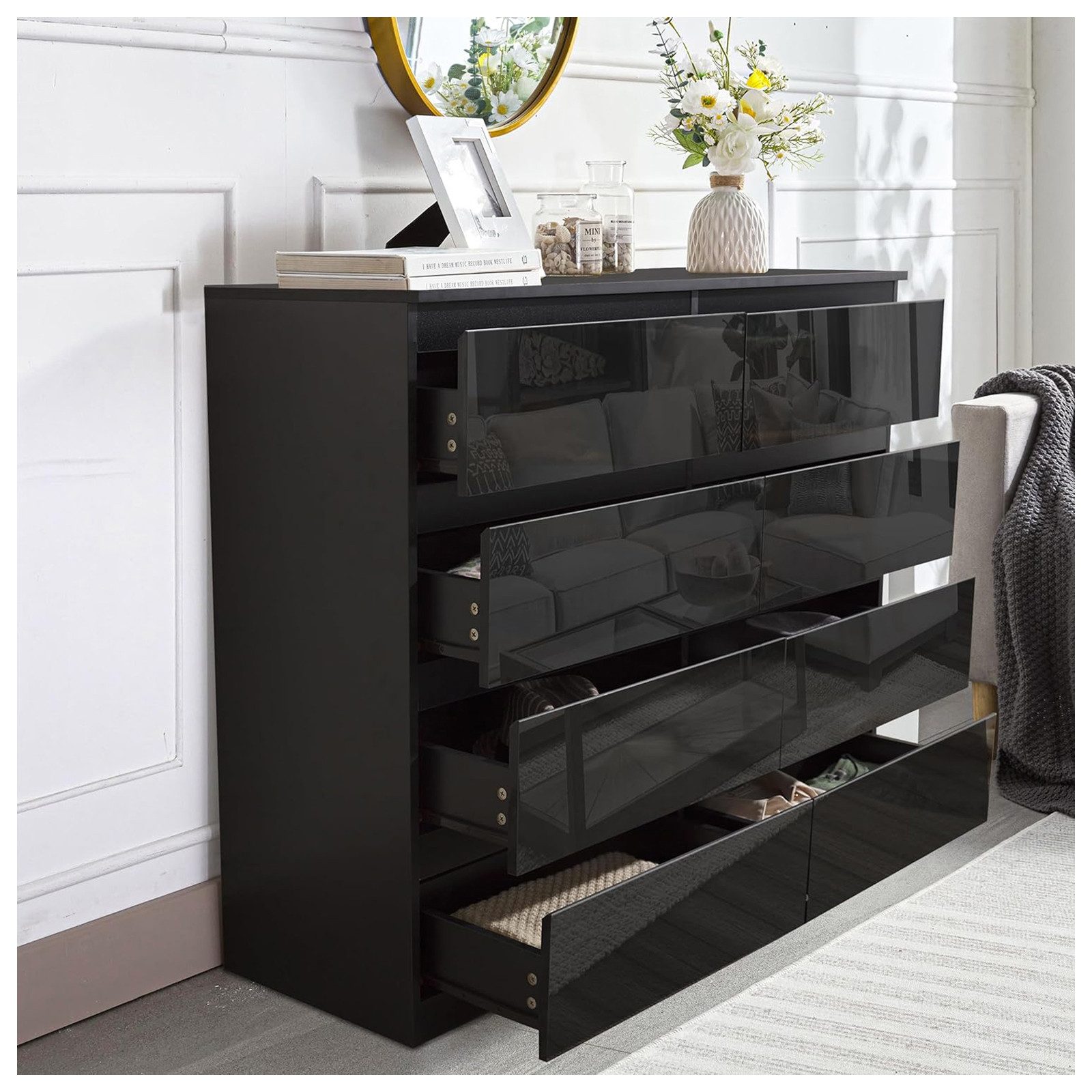 HTI-Living Kommode Kommode Kenji 8 Schubladen Hochglanz Schwarz (Stück, 1 St., 1 Kommode), Sideboard