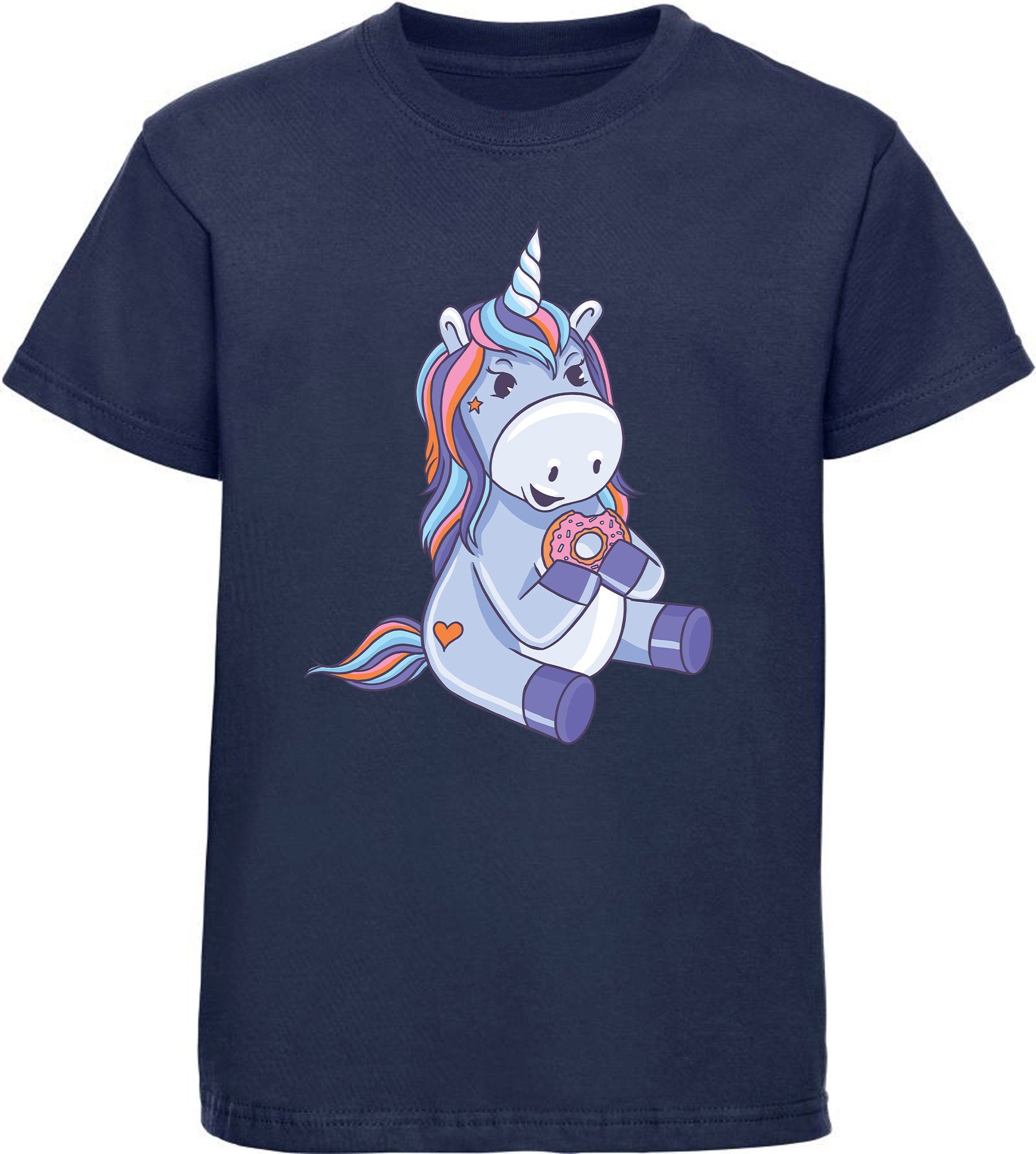 MyDesign24 T-Shirt Kinder Einhorn Print Shirt bedruckt - Donut essendes Einhorn Baumwollshirt mit Aufdruck, i249 navy blau