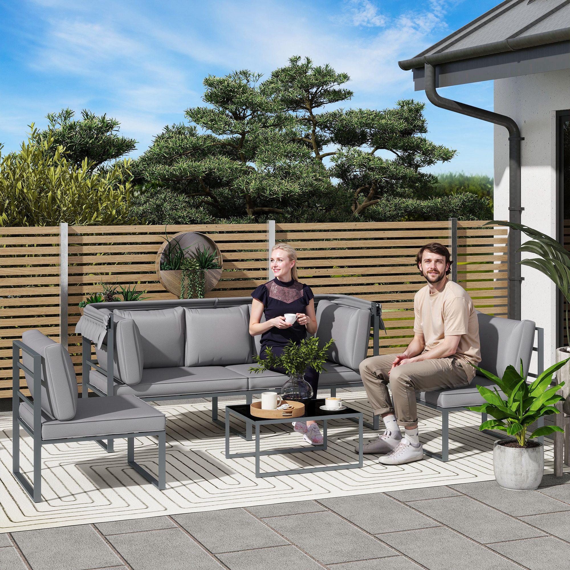 Outsunny Sitzgruppe mit 3er Sofa, 2 Sessel, Sonnendach, Kissen, Beistelltisch, (Sitzgruppe für 5 Personen, 4-tlg., wetterfest Gartenmöbel Set), für Garten, Balkon, Grau