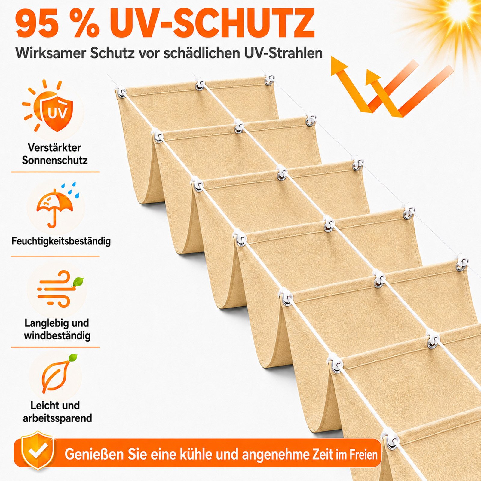 Rosnek Sonnensegel mit Ösen, 95% UV-Schutz, wasserdicht & windfest, Wellenförmiges Schattendach für Garten, Terrasse & Balkon