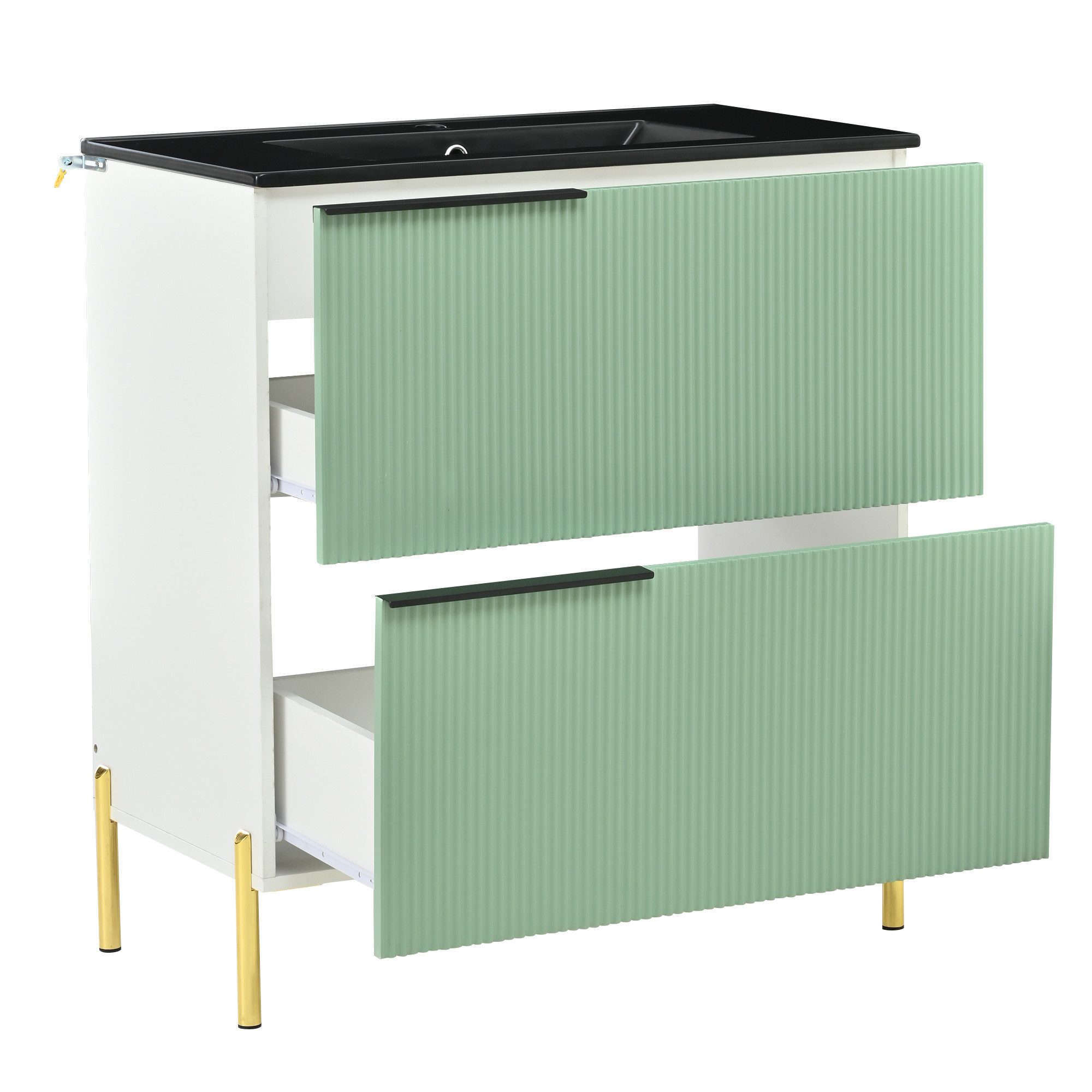 Flieks Waschtisch Waschbeckenunterschrank mit schwarze Keramik-Waschbecken (B81,8/T47/H90 cm, 1-St., bodenstehend), Badzimmerschrank mit 2 Schubladen Badmöbel-Set Waschplatz Grün. Reduzierter Preis € 159,99. Unverbindliche Preisempfehlung € 409,99