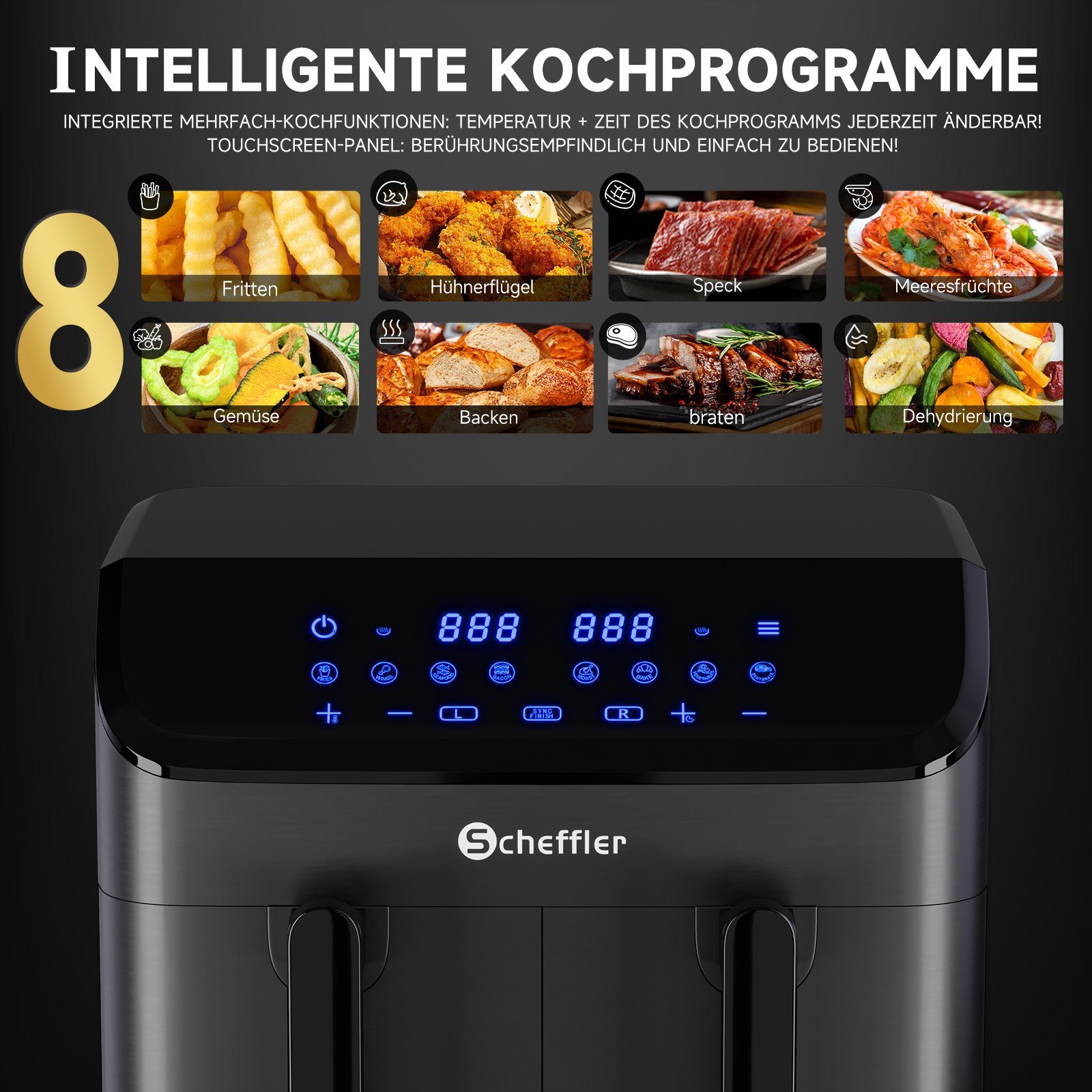 Scheffler Heißluftfritteuse, 2000,00 W, Doppelkammerh, Dual Cook & Sync Finish, Air Fryers XXL
