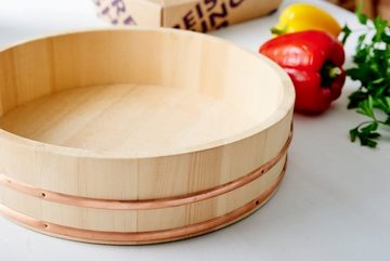Reishunger Schüssel - Hangiri Holzschüssel für Sushi Reis in 4 Größen von 30 cm bis 60 cm Durchmesser, Kiefernholz mit Kupferstreifen