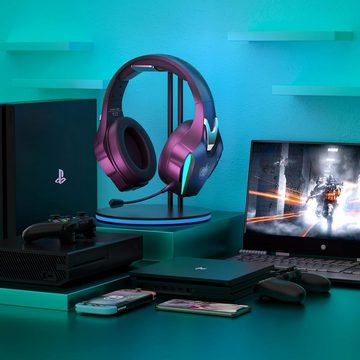 PHOINIKAS Kabelloses Gaming-Kopfhörer, 2.4GHz-Dongle Gaming-Headset (LED-Leuchten für eine dynamische Optik während des Spielens., 7.1-Stereo Abnehmbares Mikrofon mit GeräuschunterdrückungLED-Leuchten)