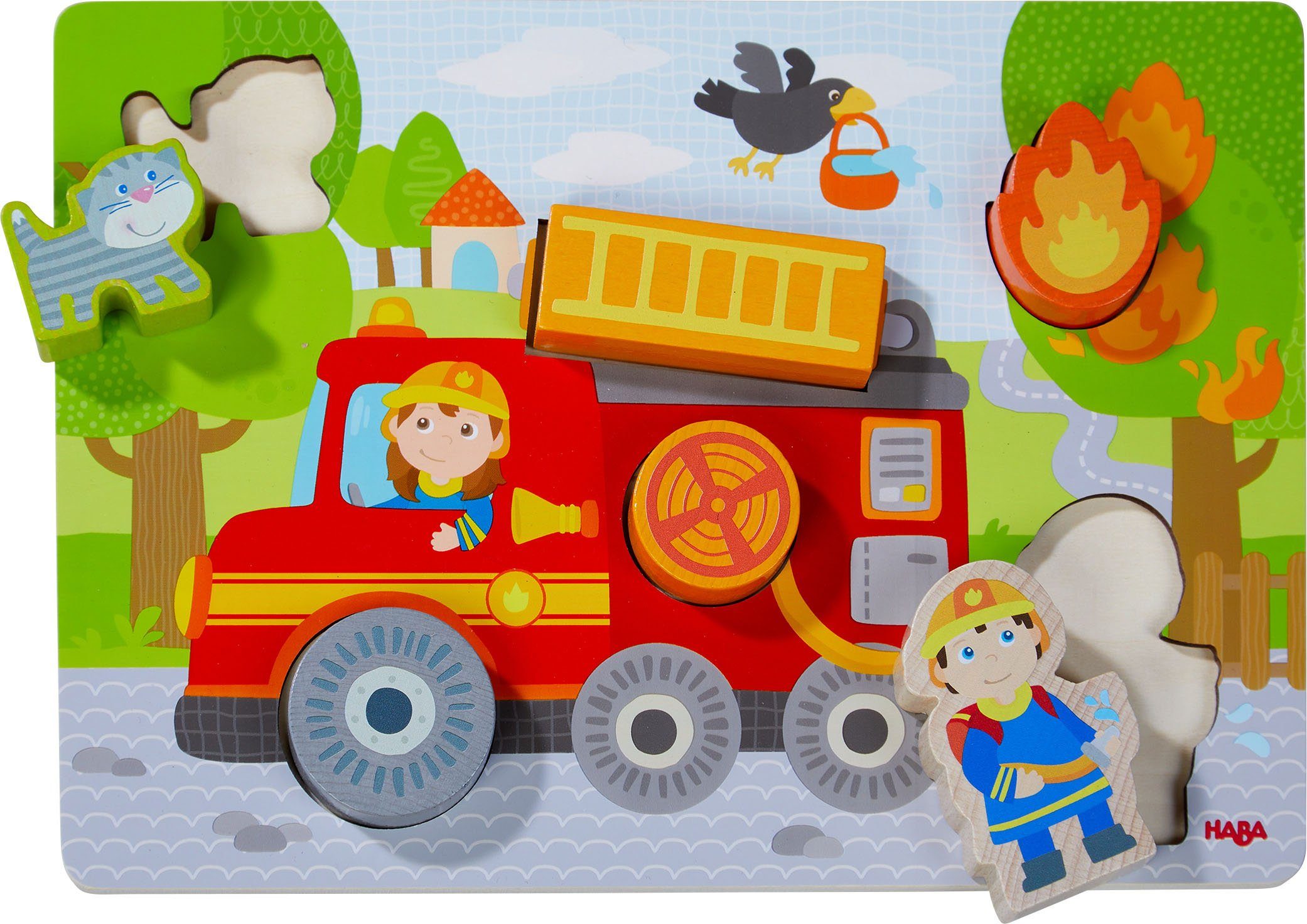 Haba Steckpuzzle Holzspielzeug, Feuerwehrauto, aus Puzzleteile, 7 Holz