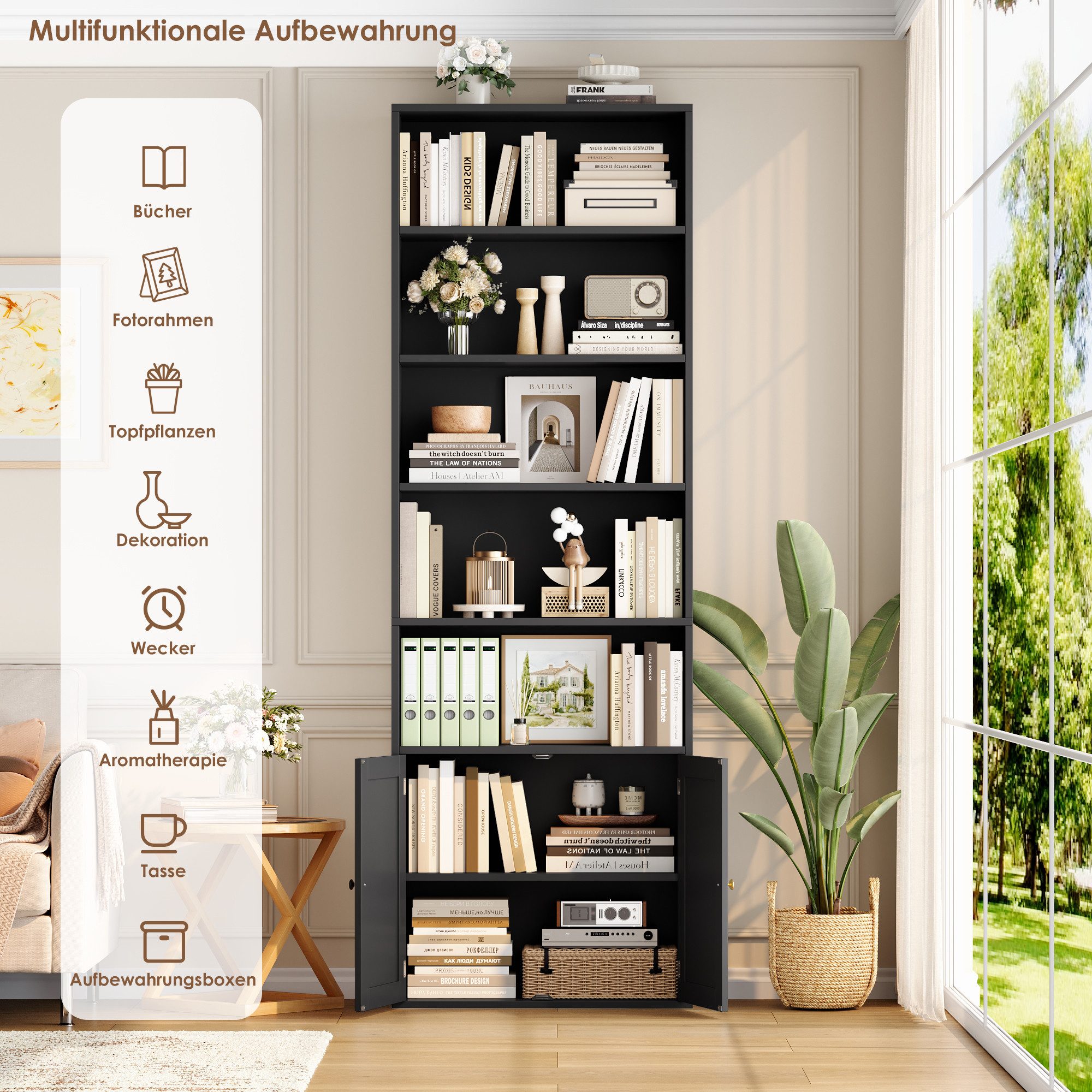 Homfa Bücherregal Standregal Büroregal Bücherschrank, mit 5 offenen Fächern und 2 Türen, verstellbares Regal, 60x23,5x209cm – Bild 5 von 5