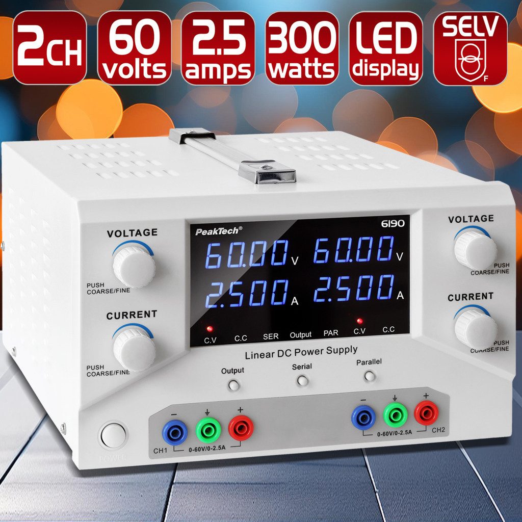 PeakTech 60 V 5 A DC Labornetzteil 2×0–60 V/0–2,5 A SELV Labor-Netzteil