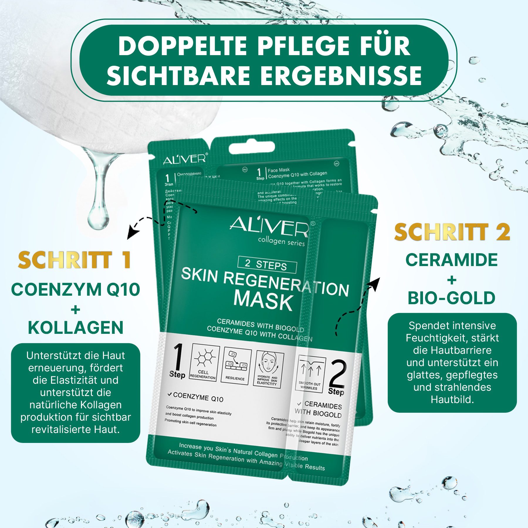 ALIVER Gesichtsmaske Tuchmaske 2-Step-System Anti-Aging Pflege mit Kollagen Coenzym Q10, 5-tlg., Hautstraffung, Nährend, Regenerieren, Revitalisieren, Verunrein – Bild 4 von 5