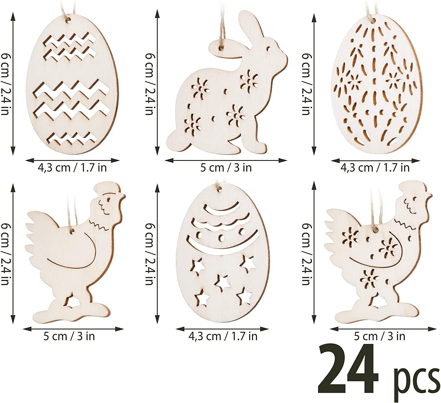 BRUBAKER Dekohänger Ostereier, Hasen und Hühner Dekoanhänger (Set, 24 St., für DIY Basteln, Oster Partys und Frühlingsdekorationen), Holzanhänger Ostern ca. 6 cm - Holz Deko Osteranhänger
