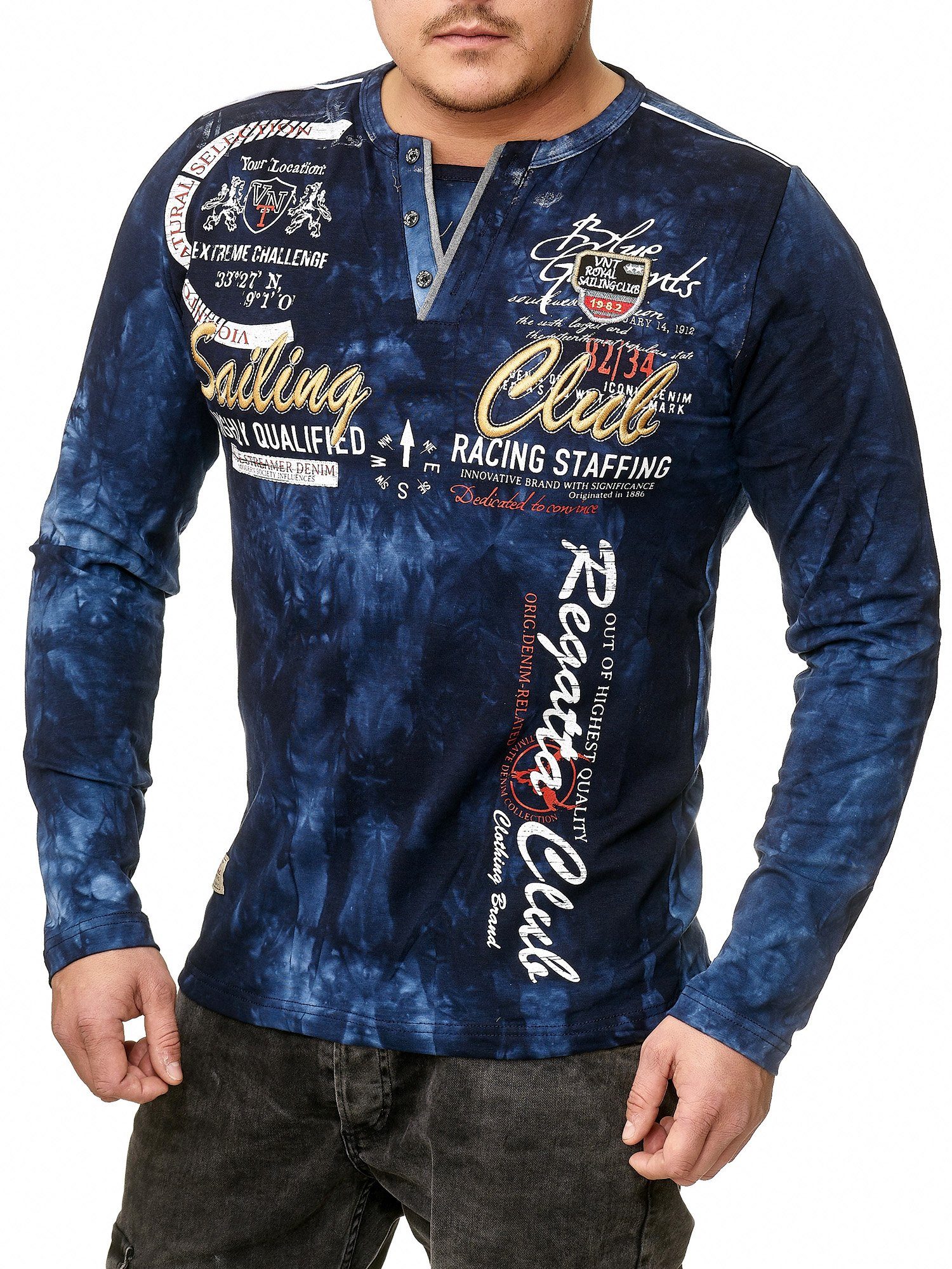 im modischem Herren Longsleeve, Langarmshirt Langa Logoprint Longshirt, verwaschen) Batik, (Packung, Frontprint, verwaschenes L.gonline Design, mit 1-tlg., Navy mit,