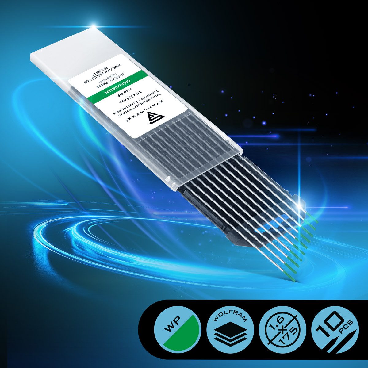 STAHLWERK Stabelektroden WIG Wolfram Schweißelektroden 1,6 x 175 mm, (Packung), Universalelektrode für nahezu alle Anwendungen bis 160 A.