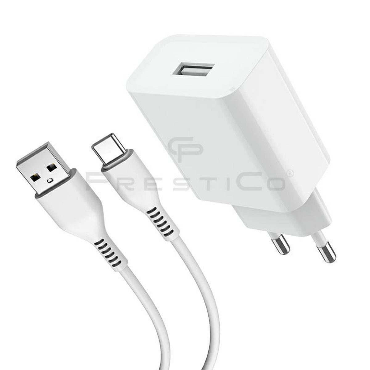 PrestiCo F6S​ Schnell Ladegerät + Ladekabel 1xUSB+TYPE​ C​ 2​.​1A​ white Smartphone-Kabel, USB-C, USB-A, TYPE-C-Kabel (100 cm), Schnellladefunktion 2​.​1A