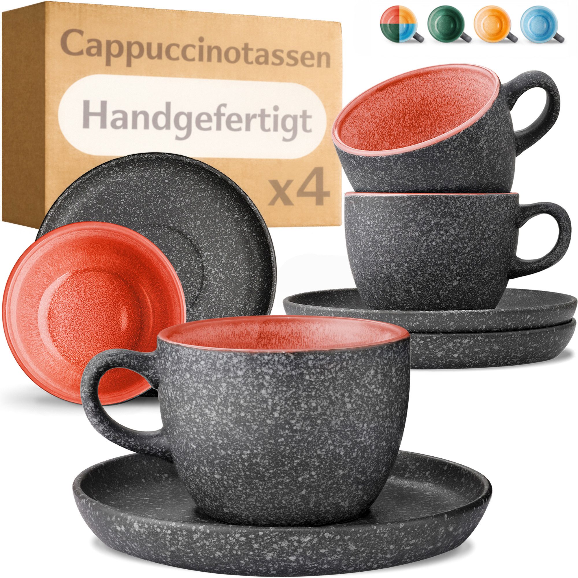 Cosumy Cappuccinotasse Cappuccino Tassen mit Untertassen 4er Set rot, 8-tlg., Keramik, Warm