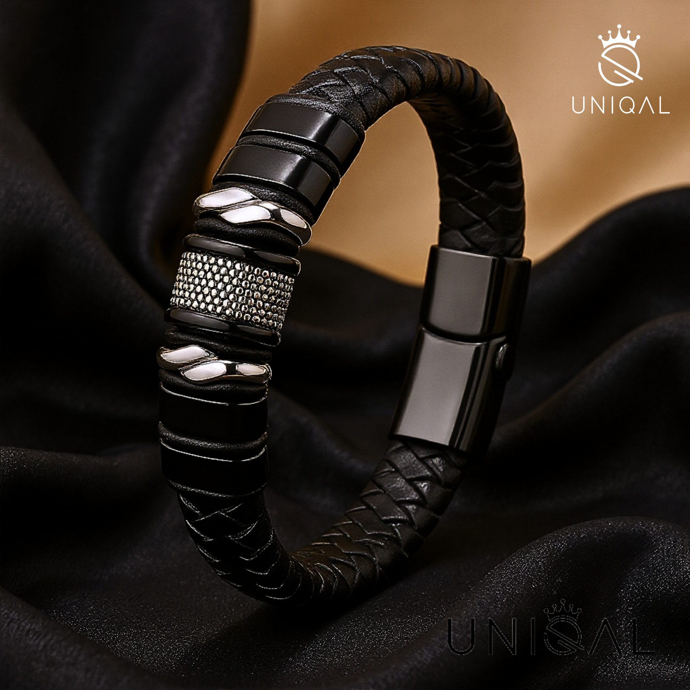 UNIQAL.de Lederarmband „MAMBA“ – Maskulines Design in Schwarz & Silber (Echtleder, Edelsthal, Magnetverschluss mit Verlängerungsglied, perfektes Geschenk, Bewährte UNIQAL Qualität), Designed in Germany